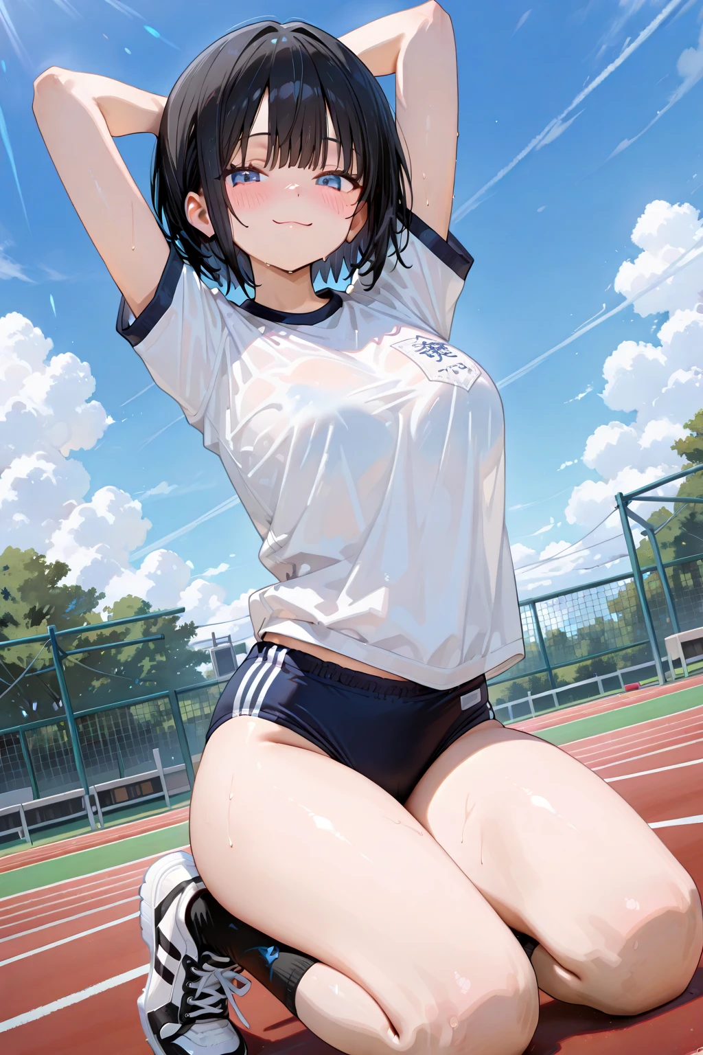 Sexy small virgin flat girl wearing drenched in sweat sports bra showing beautiful silky steaming sweat armpits and belly, and beautiful groin after doing sit up exercise in the track field,((see through sports bra)),nipples,((nipples visible)),((see through)),((spread legs)),cum,semen,sperm,cum on legs,camisole,((masturbation))
