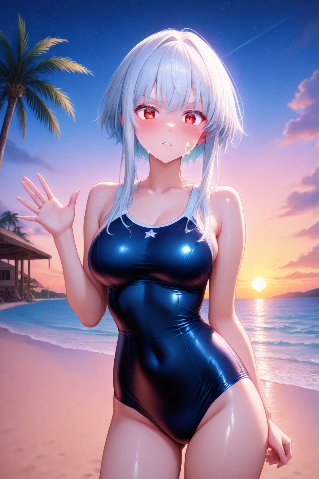 masterpiece, realistic, (anime), 8k, high_quality, poster, (1girl), (solo), (Kiana_Kaslana), white_hair, ponytail, glowing_eyes, (sexy), (fortified_suit), (blue_bodysuit), heels, holding_land, laughing, exposed_breasts, ice_cream, tongue, (island), (palms), solar_eclipse