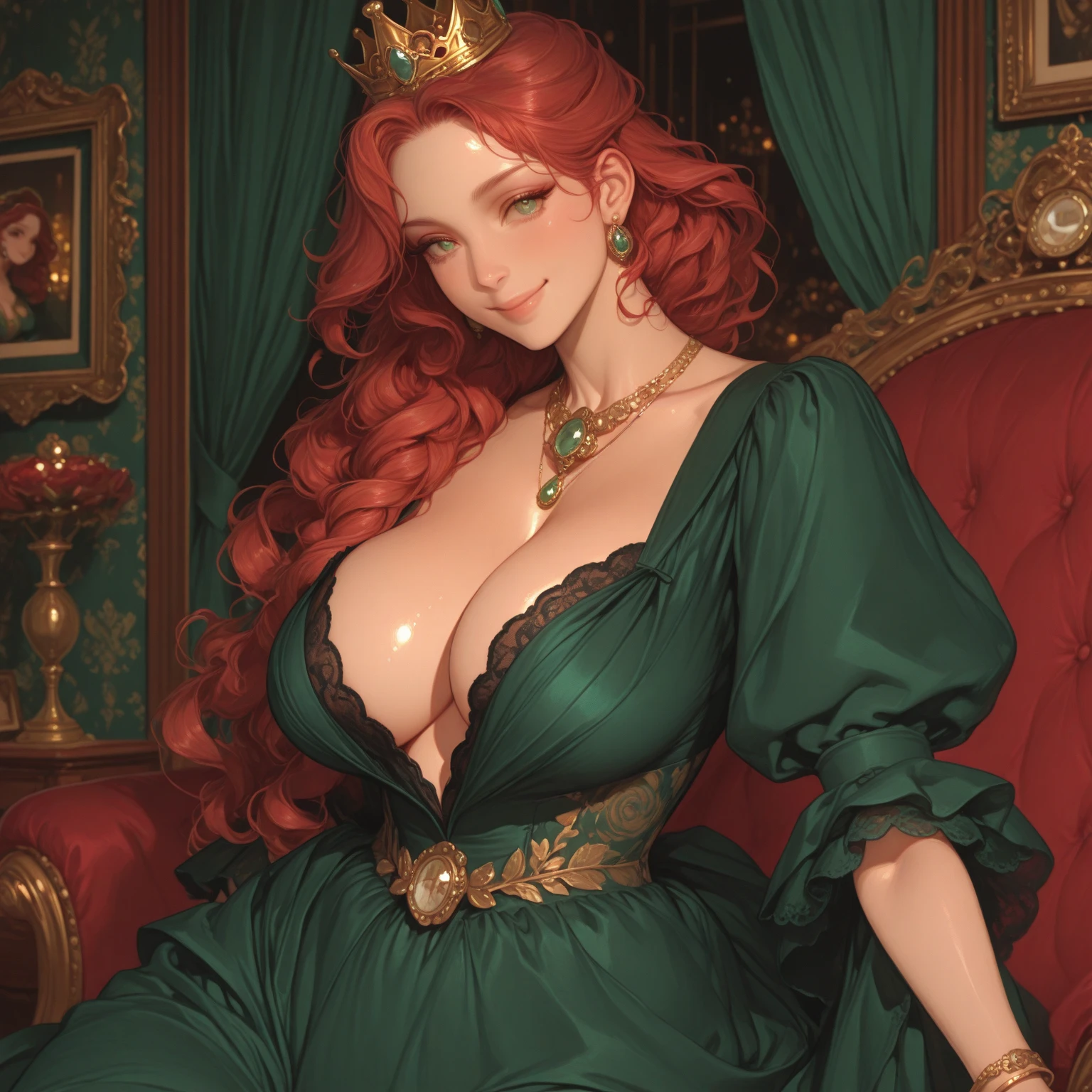 (photorealism:1.2), beautiful woman, red long hair, stern face, fully clothed, wearing fantasy red and gold motherly gown, huge breasts, big thighs, folding arms, background of a royal room