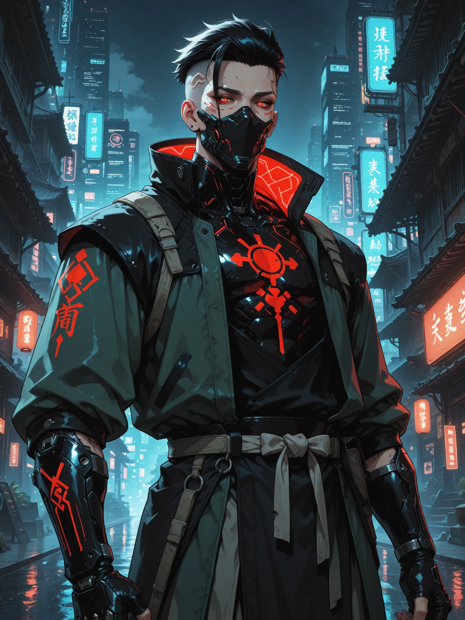 (best quality, masterpiece), <lora:tangbohu-detailer_1.0:0.8>
(1man, muscular adult male:1.2), ruby eyes, blonde hair, fade,
portrait, solo, half shot, looking at viewer, detailed background, detailed face, (<lora:ShinobiTech:0.6>, cyberpunk, shinobitech theme:1.1) glowing eyes, (master of time:1.1), infinity, weightless, fractal geometry, time, standing still, clock-face in background, ethereal atmosphere,