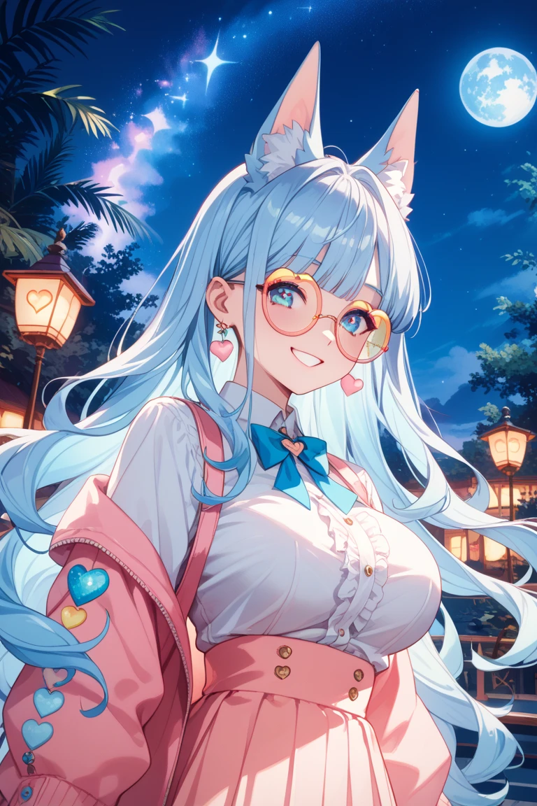 ((Best Quality)), (Ultra-detailed), ((Extremely detailed)), (Beautiful), ((Kawaii Girl)).One Girl Standing On A Truck、Blue eyes、Hair is white、Longhaire、Quirk hair、Girl with horse ears and tail、tall、Breasts are big、White running clothes on purple background、Lavender colored black running shoes、Red under-rim glasses、animesque、Uma Musume