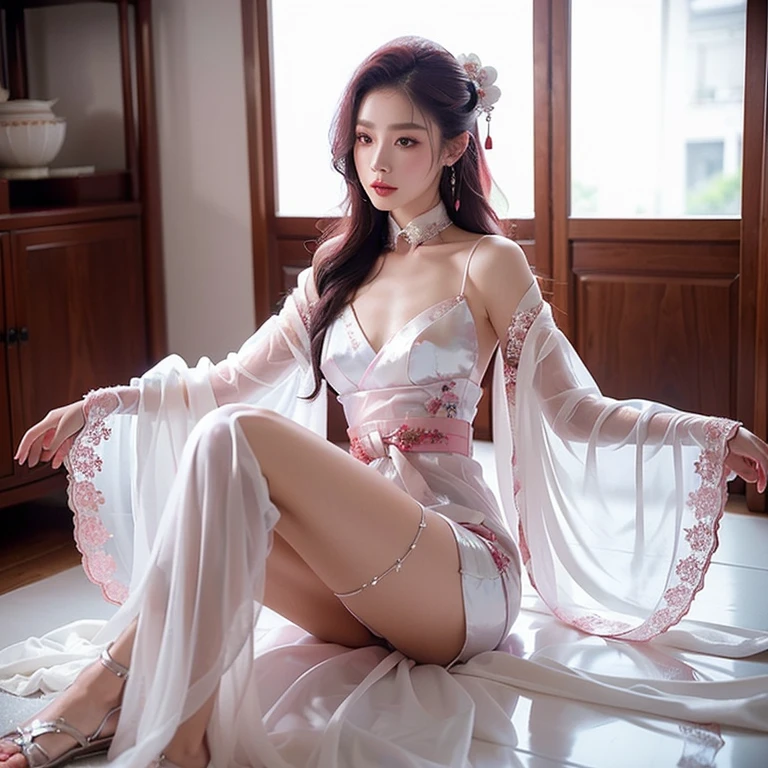 (8k, RAW photo:1.2), best quality, ultra high res,dramatic angle,(fluttered detailed color splashs), (illustration),(((1 girl))),(long hair),(rain:0.9), (Headdress:1.4),There is an ancient palace beside the girl,Hanfu,(Key Points),Color ink painting,(Splash of Color),Splash of Color,(((colorful))),(sketch:0.8) , Masterpiece, best quality, beautiful painted, highly detailed,(denoising:0.6),[splash ink],((ink refraction)), (beautiful detailed sky),moon,highly,detaild,(masterpiece, best quality, extremely detailed） CG Unity 8k Wallpaper，masterpiece，best quality，Ultra Detailed），（Lycoris）.shoulder ballet dress open V-chested clothes Thin silk lace dress short skirt , (huge ，cleavage),, white pink, blue ，best qualtiy，tmasterpiece，Ultra-high resolution，（Reality：1.4），RAW photogr，（True skin texture：1.3），（filmgrain：1.3），（Selfie angle），1个Giant Breast Girl，Beautiful eye and face details，tmasterpiece，Best quality at best，，The chest more exposed， detailed hair, bra pink purple , detail 8k, full body, lace petticoat, fan handle