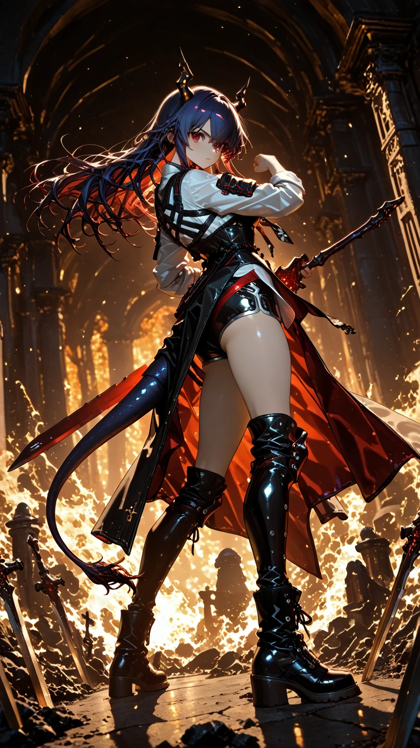 score_9, score_8_up, score_7_up, score_6_up, score_5_up, score_4_up, uncensored, iris midgar, red hair, long hair, braid, red eyes, BREAK (masterpiece:1.2), best quality, high resolution, (detailed eyes:1.3), perfect lighting, (perfect hands, perfect anatomy), HD, 1girl, weapon, sword, breasts,, solo, thighhighs, holding weapon, gloves, asymmetrical legwear, high heels, mismatched legwear, holding, holding sword, hand on own hip, aura, looking at viewer, full body, armor, dress, cleavage, standing, black gloves, black thighhighs, glowing weapon, closed mouth, glowing sword, shrug \(clothing\), tassel, japanese armor, blue fire, kusazuri, japanese clothes, black footwear, white thighhighs, electricity