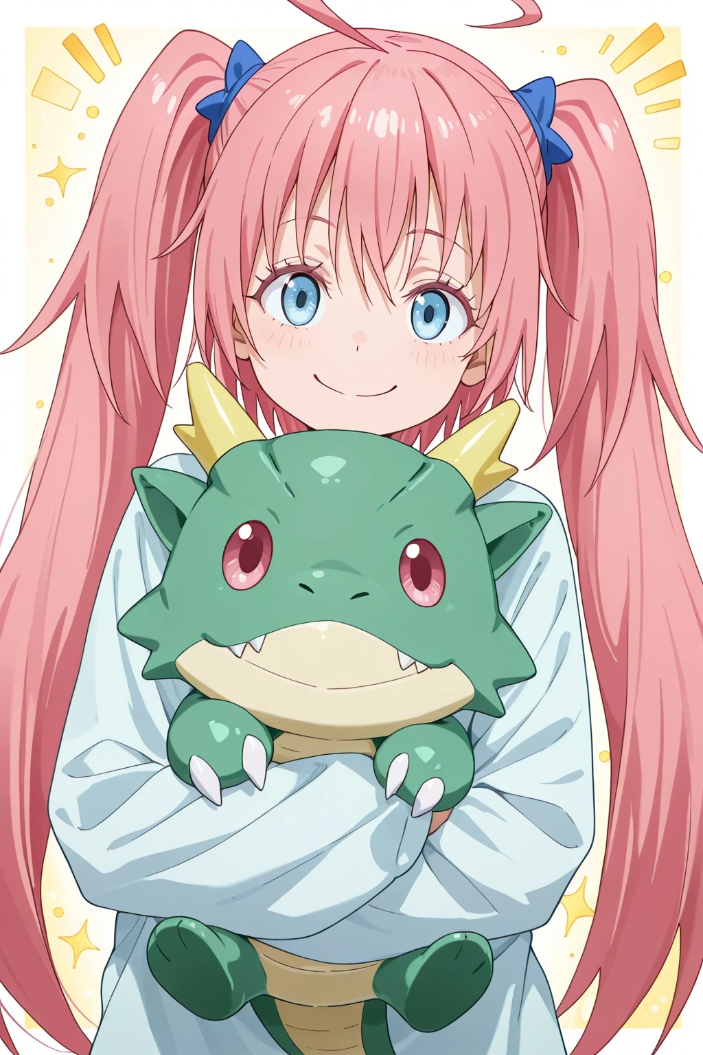 solo, Milim_Nava:1.3, looking at viewer, tiny green horn on head, joyful smile to viewer, hugging stuffed chibi dragon, masterpiece, best quality, high detail, high resolution,