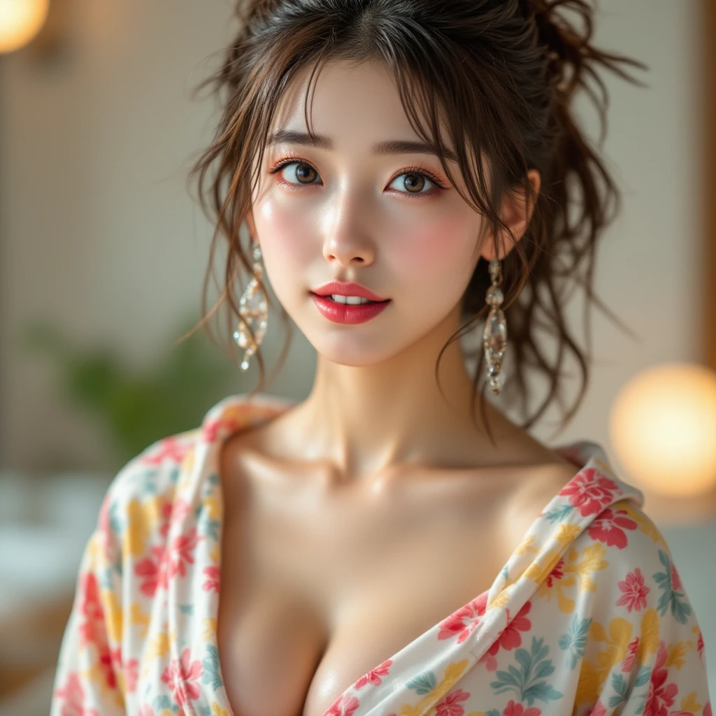 (1women), Updo hairstyle, (round eyes:1.2), (highly detailed face), (extremely detailed beautiful face), (floral pattern yukata), cleavage, (Best Quality:1.4), (Ultra-detailed), extremely detailed CG unified 8k wallpaper, Realistic portrait, Beautiful detailed, High-definition raw color photos, professional photography, night sky, beautiful milky way, (fine face:1.2), focus on women, tanabata,