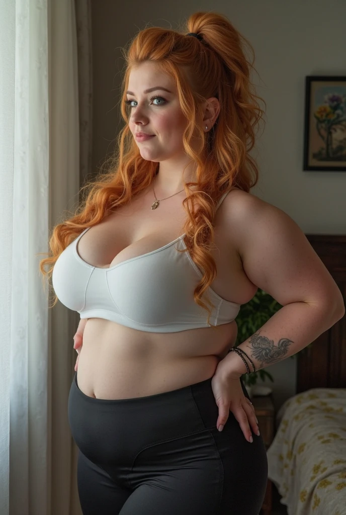 Beautiful Chubby woman, age25, Solo, Aesthetic artwork, irish redhead, wavy ginger hair, shoulder length ginger hair, (green eyes), some small freckles, pale skin, (giant breasts:1.2), curvy body, detailed skin texture, (extremely detailed 8k wallpaper), soft lighting, high quality, film grain, Fujifilm XT3 sharp focus, f 5.6, 50mm, High Detail, Sharp focus,(natural light), (wearing crop top), cleavage, (miniskirt), crazy details, complex details, hyper detailed, voluptuous