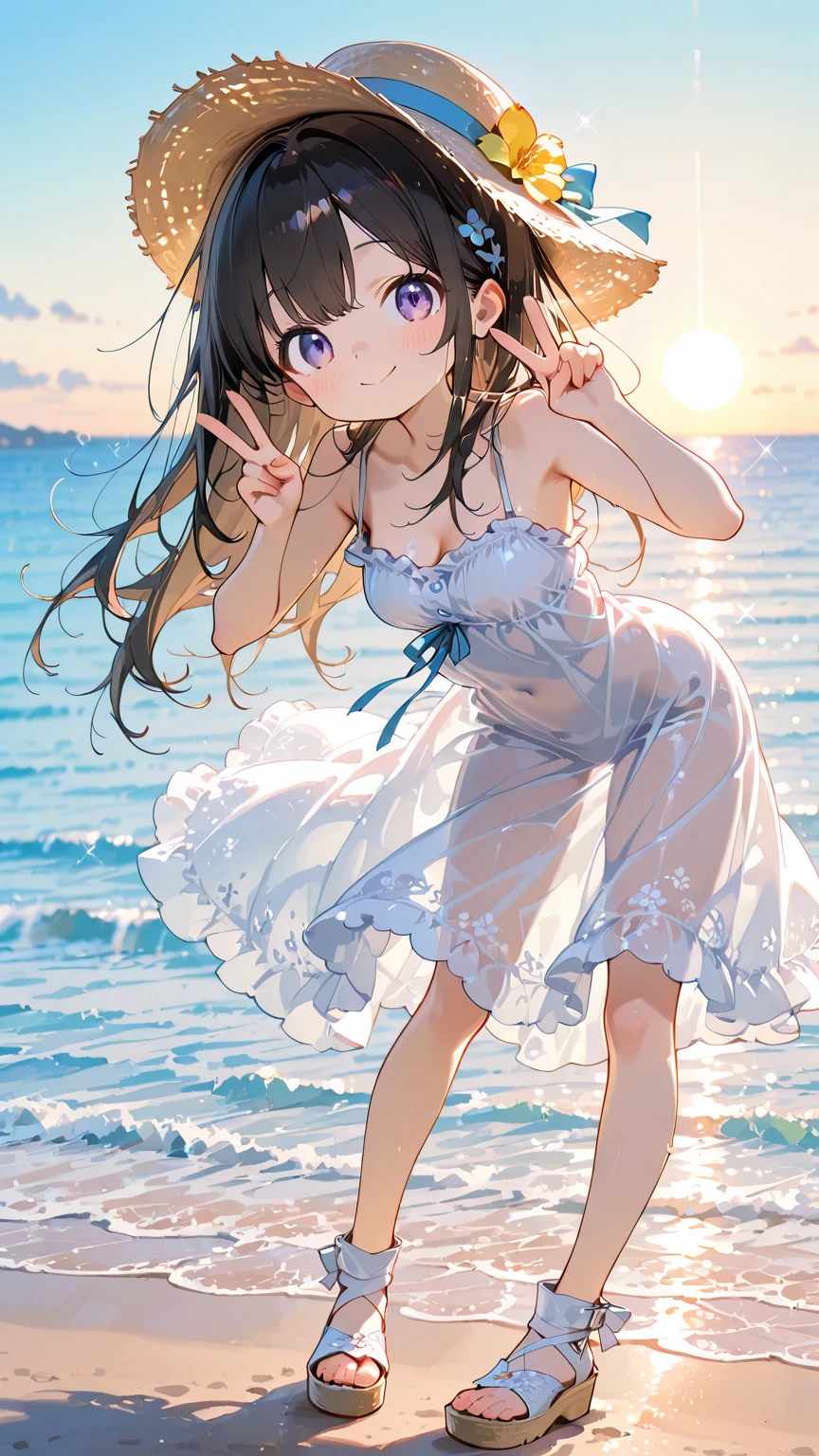 absurderes, hight resolution, (Anime style:1.1), ((masutepiece)), ((Best Quality)), (Ultra-detailed), (Beautiful), 独奏, Beautiful face、(liftup),Cute little girl standing in naughty pose on beautiful beach in Mediterranean Sea,Wind,black colored hair, fine brown eyes,(Cute white micro bikini:1.6),Blue sky,Closed eyes,Looking at Viewer,Lens Flare,Dramatic, Beautiful sandy beach、A smile、(full body Esbian)、high-angle、Whole body immersion、bare-legged、(Back lighting)、Exposed thighs