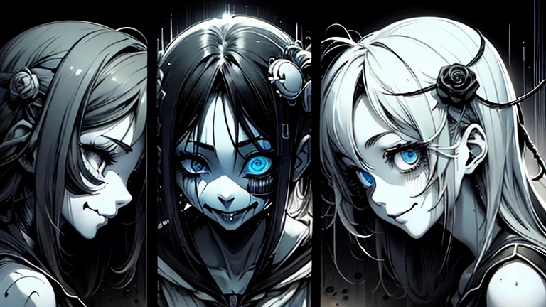 masterpiece, best quality, ((landscape shot:1)), wide shot of three women in white Victoria dresses with a very unsettling dark background and surroundings. The three women have different hairstyles and hair colours, but all of their eyes glow red, reelunsettling, ((unsettling eyes:1.5)), ((horror themed:1)), ((scary eyes:0.5)), ((emotionless eyes:2)), pub room