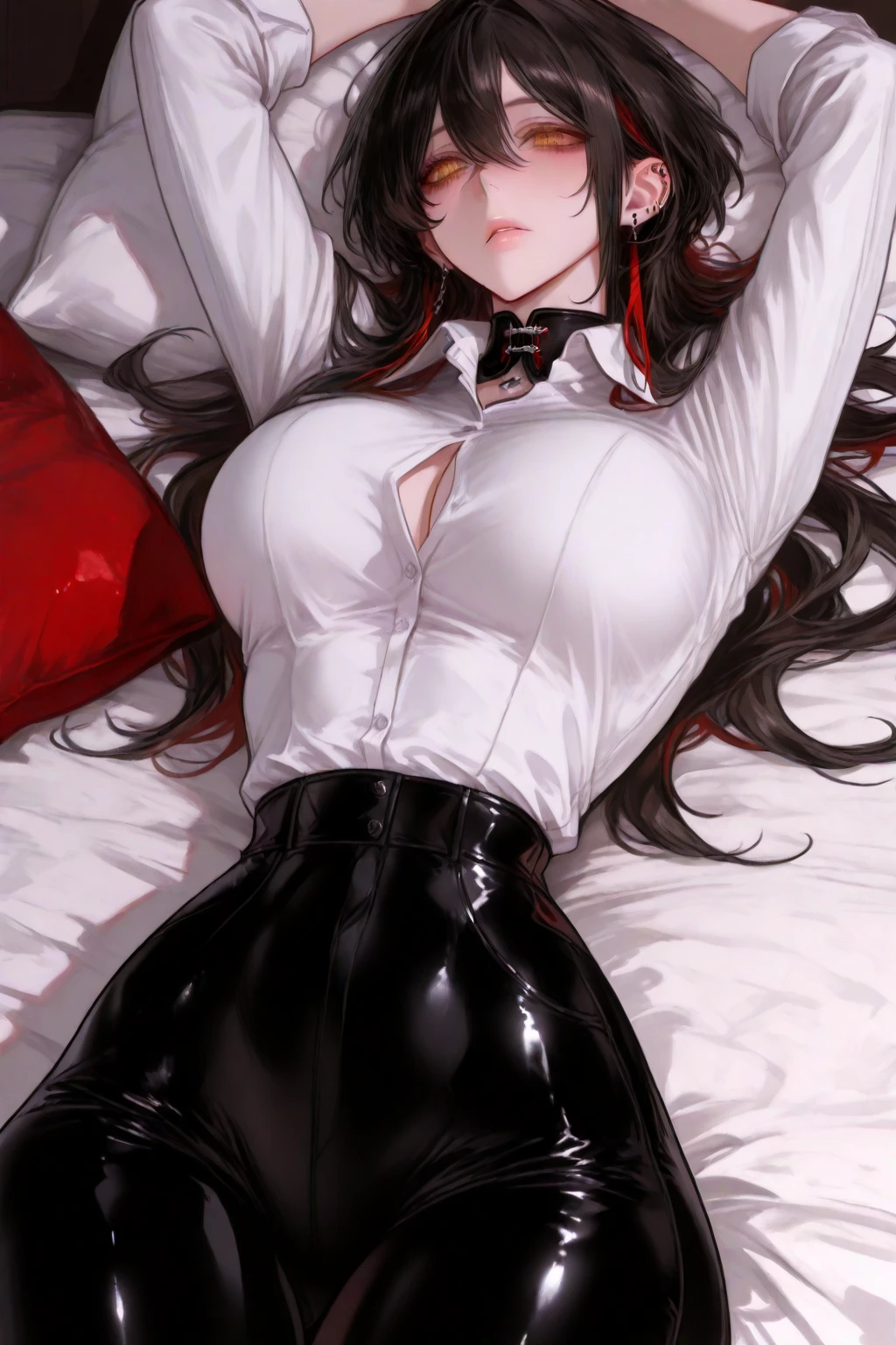 ((blood droplets)), ((blood)), ((blood splatter)), ((blood on clothes)), ((blood stain)), Masterpiece, Beautiful art, professional artist, 8k, sleeping expression, very detailed face, Detailed clothing, detailed fabric, 1 girl, View from above, lying on the ground, BIG BREASTS, perfectly drawn body, pale skin, tired expression, beautiful face, long black hair, Closed eyes, pink cheeks, choker:1.6, (white long sleeve button down shirt with white collar), black gloves, gloves that cover hands, (black leather corset), (shiny black leggings), Sensual Lips, dark forest, Atmosphere, fog, At night
