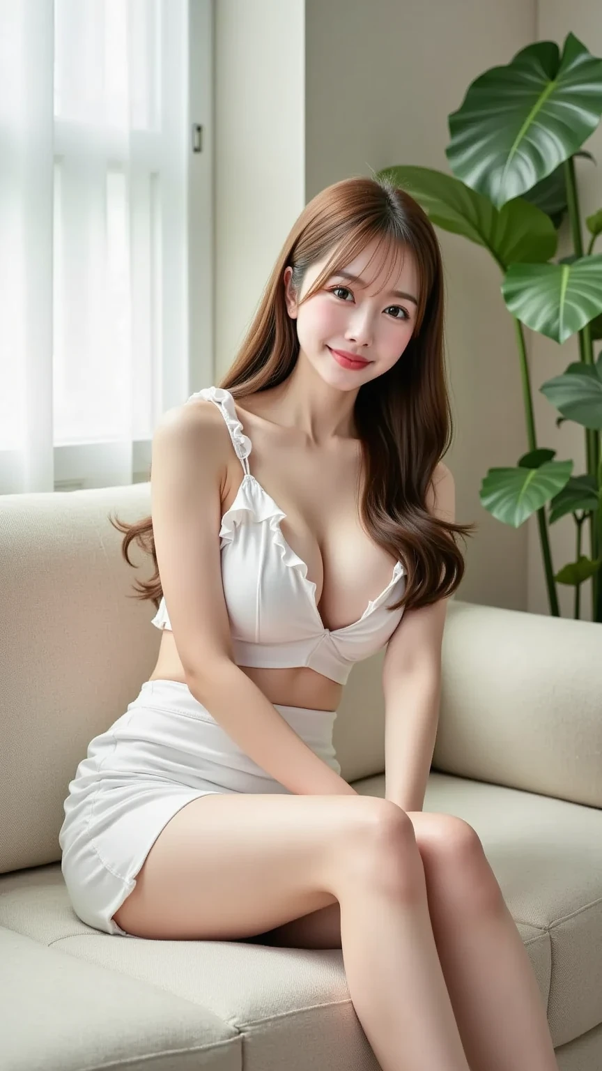 White lace thong bra, Knee socks, (((Very elegant and beautiful, Perfect detail, Very detailed))), whole body, The most detailed girl, Written boundary depth, 美しく詳細なwhole body, Thin legs,Big Breasts:1.3, 1 girl, 24-years-old, Very long hair, Gray and silver hair, Beautiful detailed hair, Perfect Face, Smile, Beautiful, detailed, deep eyes, Please open your mouth a little, Delicate arms and hands, Pale skin, Earrings, Beautiful and gorgeous necklace, Colorful background, HD background, Blurred Background, Very delicate and beautiful, masterpiece, (((Highest quality, Very beautiful 8K CG wallpaper))), (((One-length straight hairstyle))), (Inside the room,Stylish interior,window),