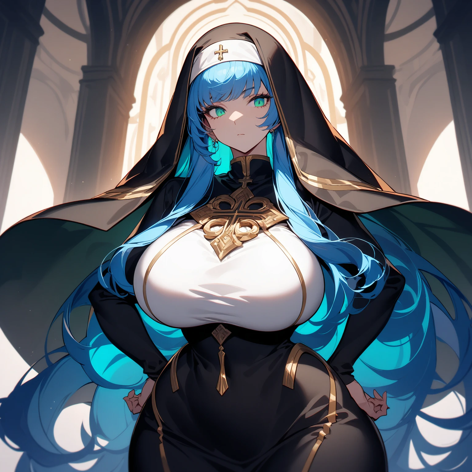((Mucha's style)),(vulgar),Big-breasted nun,head shot,vulgar smile,blue haired,muscular woman,Mercenary,Sexual nipple covers,Scars on the face