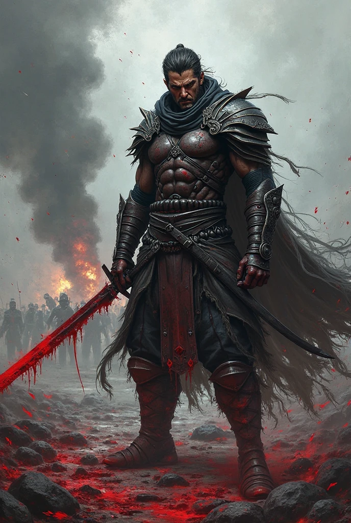 A warrior with a sword stuck in his chest
