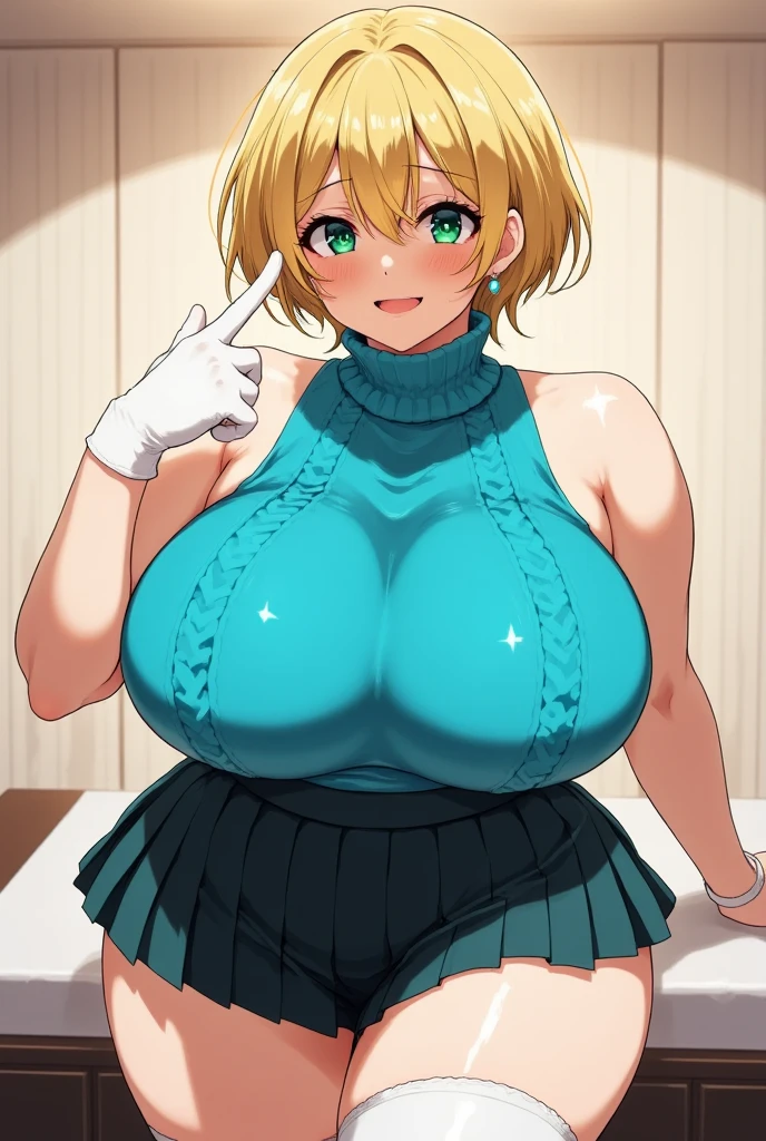 Highest quality, masterpiece, detailed,
memcho,
Open your mouth, :3, Happy,
short hair, Blonde, Multicolored Hair, Aqua Eye, Blunt bangs, horn,, clavicle, Puffy sleeves,Are standing, Looking at the audience,Huge breasts:1.5、
indoor、T-shirt maxi(tight)dress:1.5、The whole body is visible、Cleavage