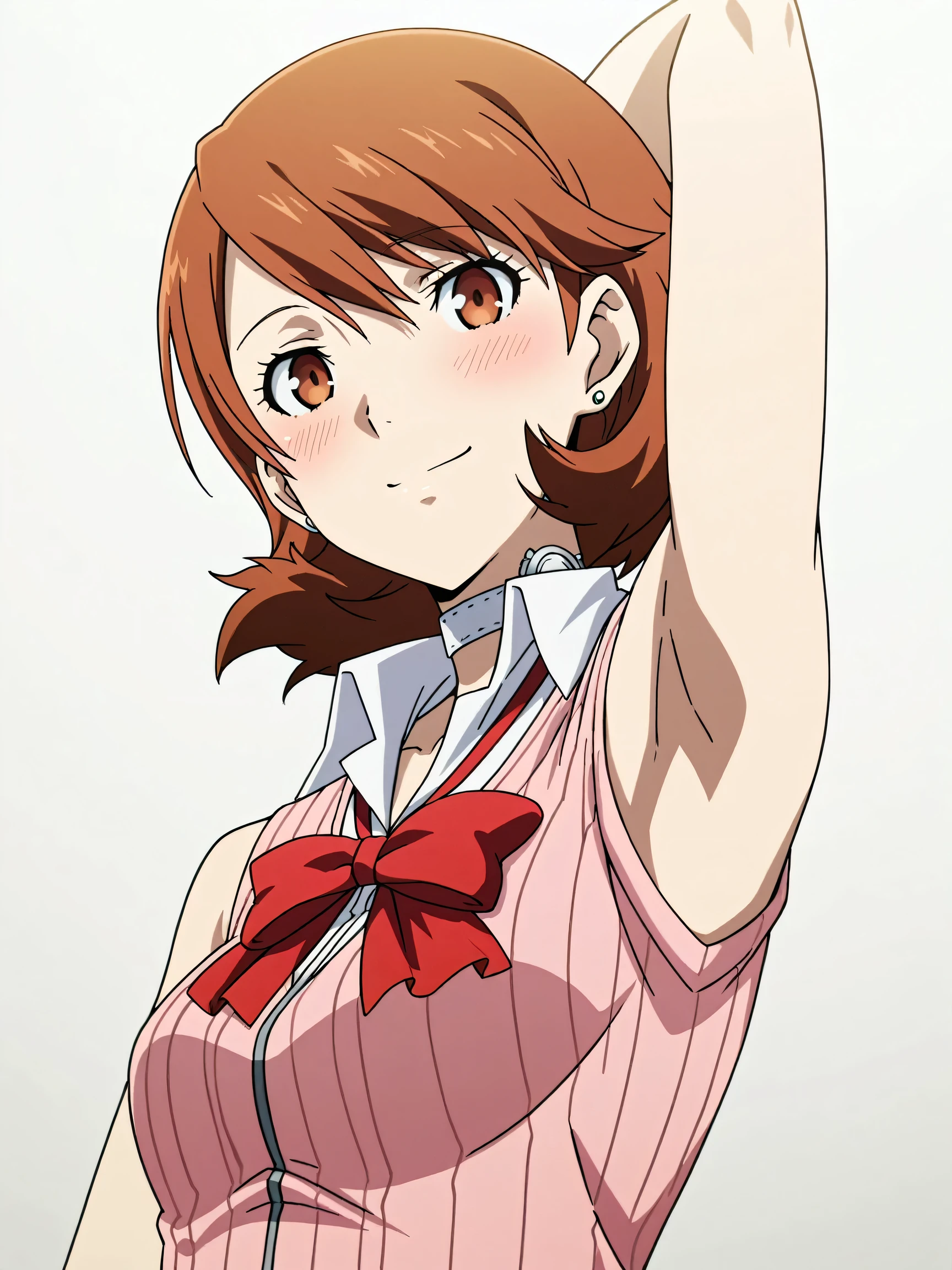 masterpiece, best quality, amazing quality, anime screencap, anime coloring, 1girl, solo, p3yukari, yukari takeba, short hair, light brown hair, earrings, choker, brown eyes, p3yukari-winuni, school uniform, cardigan, pink cardigan, ribbon, gekkoukan high school uniform, sleeveless, bare shoulders, bare arms, arm behind head, armpits, armpits focus, head towards viewer, (looking at viewer:1.1), direct eye contact, smile, blush, closed mouth, white background, simple background, from side, from below