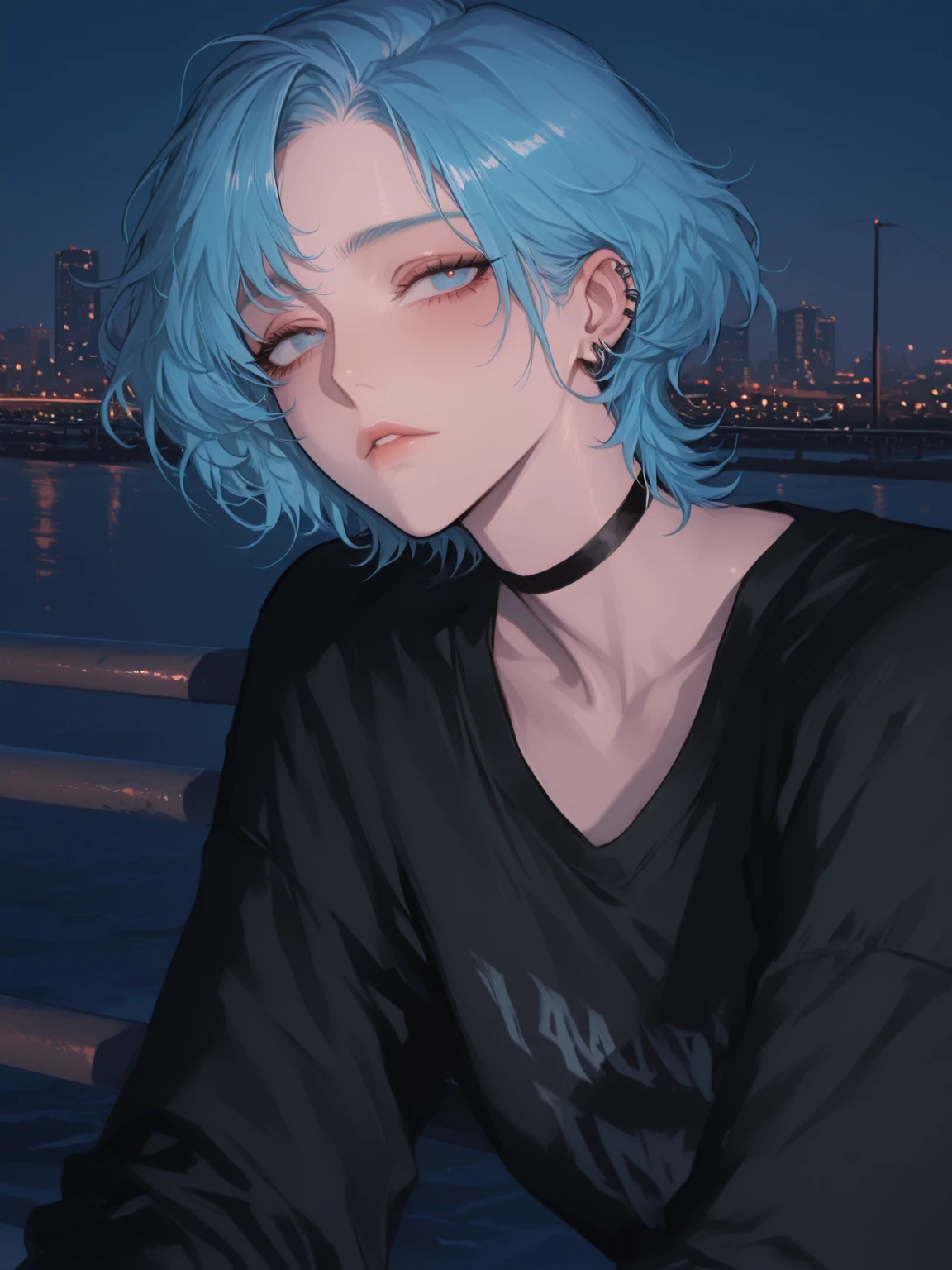 Anime character with blue
hair sitting in the rain..