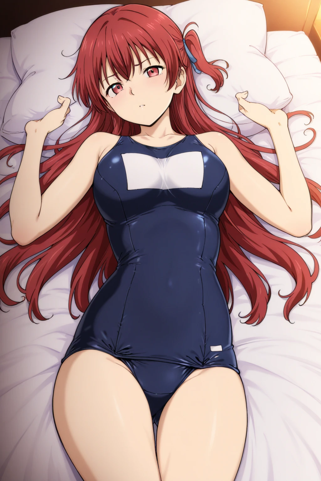 best quality, ultra-detailed masterpiece, anime art style, cute character, nino nakano, large breasts, blush, smile, one-piece swimsuit, pantyhose, sprawl, bedroom