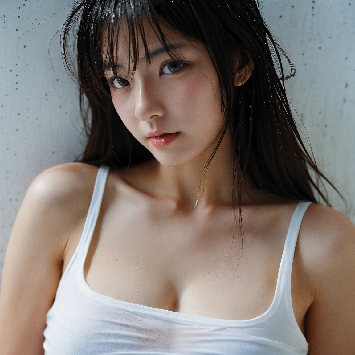 （fullnude）、(8K、Raw photography、top-quality、masuter piece:1.2)、ultra-detailliert、hight resolution、top-quality、、(Photorealsitic:1.4)、8K Picture Wallpaper、1 Super beauty、extra detailed face:1.3、Tall slender 26 years old、Trained abs、beatiful detailed eyes:1.3、(White loose bra:1.2)、Beautiful large breast:1.3、Sagging udder、erectile nipple、 Hidden by a blouse、 cinematlic lighting、