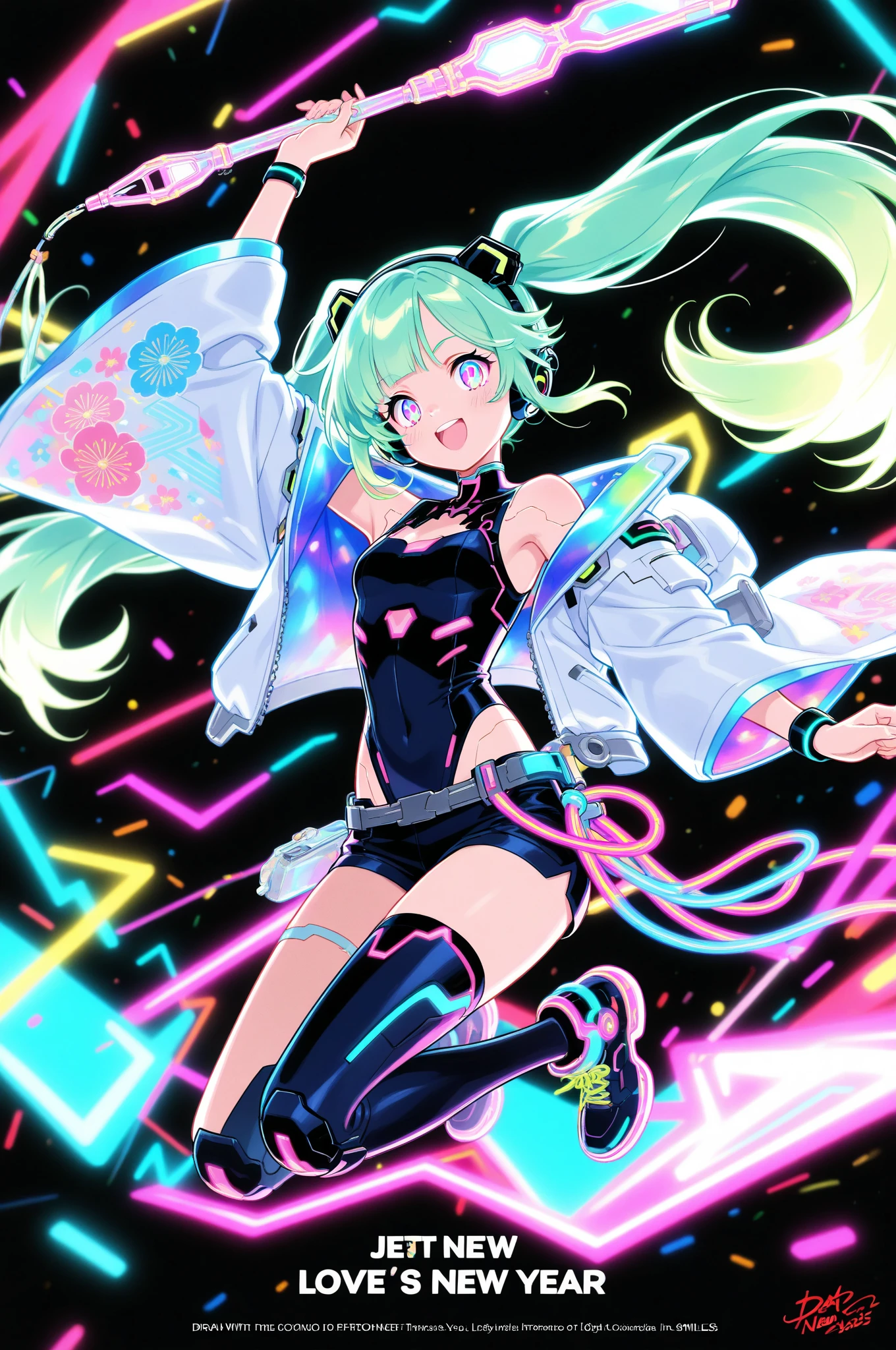in style of comic book ，in style of Light tracing ,Hatsune Miku carries a pair of transparent wings，back view，Wear iconic outfits and hairstyles，Green extra long double ponytails，Ethereal Holographic Center, neon wings, Founding Angel, Transparent holographic existence, projection mapping，black background，in style of data visualization design , beautiful details