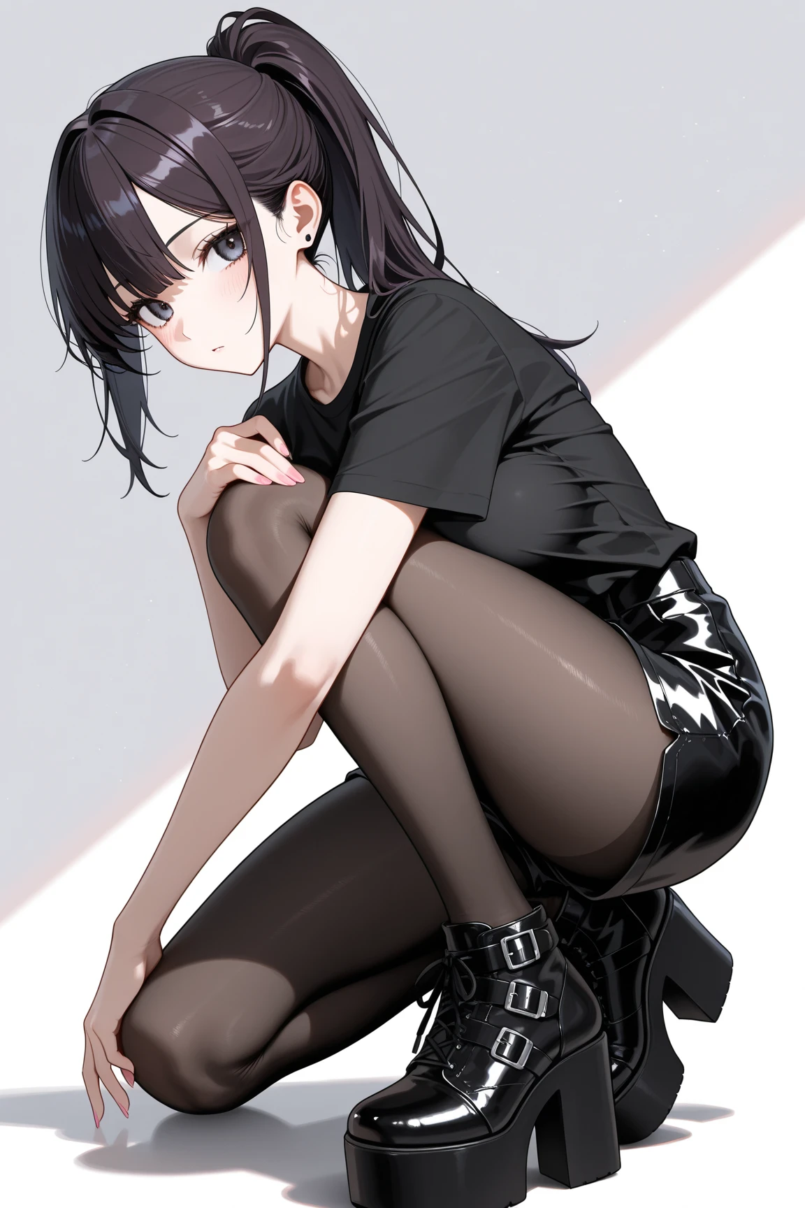 full body, solo, alone, delicate facial features, medium tits, medium hair, black hair, tearful mole, earring, t-shirt, cargo pants, shorts, wet,
