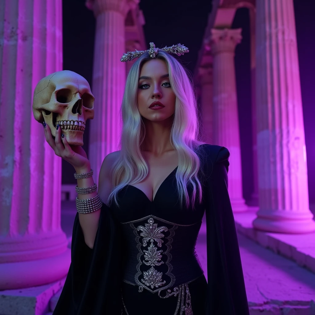 masterpiece, best quality, 8k, sharp focus, ((superrealistic)), high details, raw photo portrait, there are 2 people, being a blonde woman with white locks, light brown eyes, queen's crown, red lipstick, sitting in a grave, long red dress, in a cemetery, holding a ((skull)), night, graves, tombstones, ((full moon)) photo taken at night, angry, angry, a man in a black cape, angry, evil face, (((depth of field))):1.8 The expression lines on his face can be seen clearly. The texture of your crown and clothes is exceptionally well detailed.