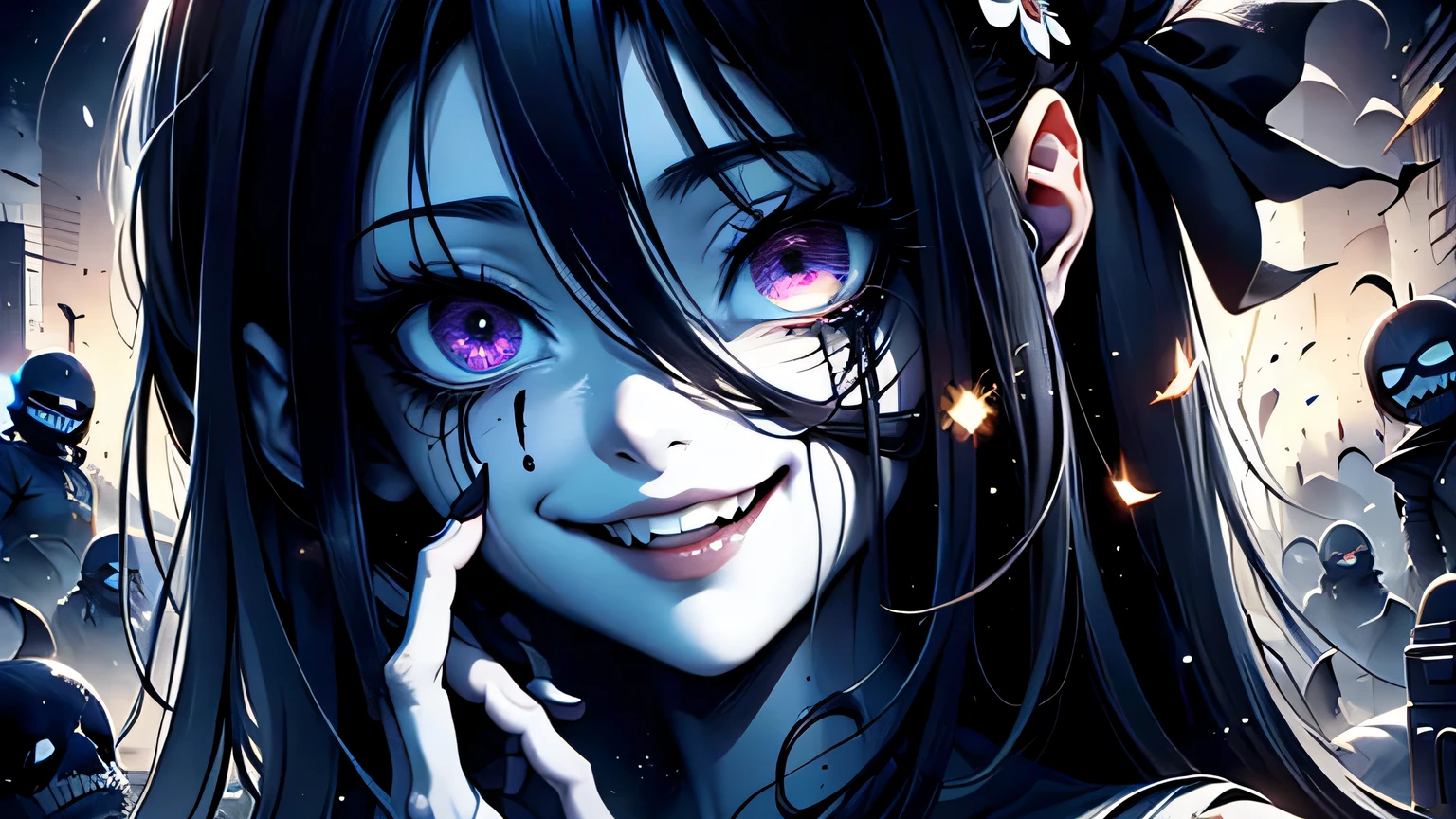Anime, girl, android, full-length, black and white colors, different emotions on the face, the left side of the face is smiling, life is visible in the eyes, happiness, the right side of the face is smiling, death, temptation, thirst are visible in the eyes, a line is drawn between the half-faces