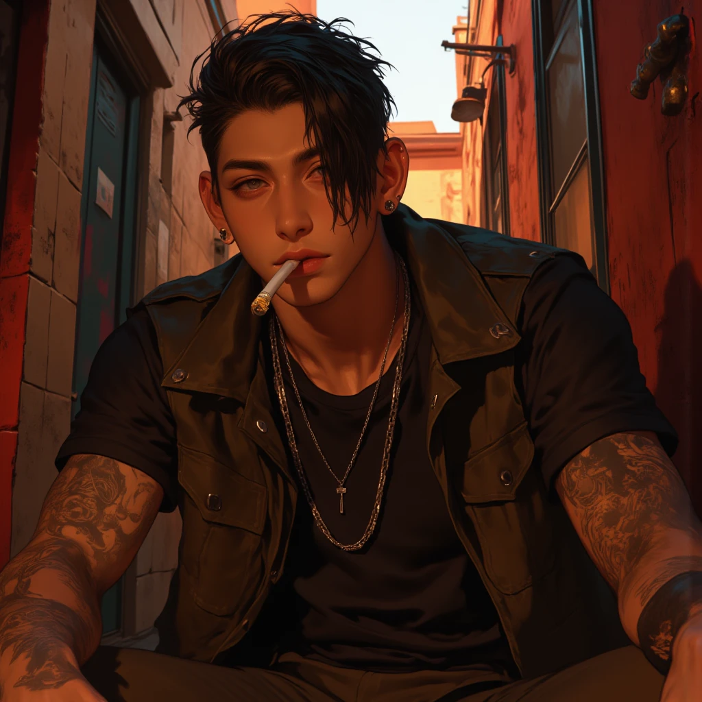 masterpiece,best quality,highres,8k,extremely detailed,realistic, portrait,
1boy,without_hat,ice cream,tattoo,jacket, open clothes,earrings,///,summer, tree,sitting on bench,street, <lora:Trafalgar_law-10:1>,