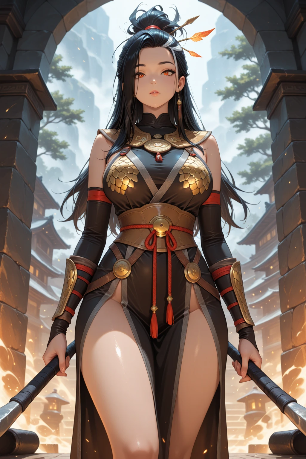 full body, Standing, Princess Zelda as Shinobi, costume all black with gold stripes, she has large breasts, (short black hair), (((wearing Oni mask on her face))), cut scar over right eye, (green eyes), a katana attached to her waist, blood all over her clothes, In a macabre ancient temple with a very heavy rain with a full moon in the sky, Anime, masterpiece, 16k, award winning, best quality, high details, UHD, masterpiece, anatomically correct