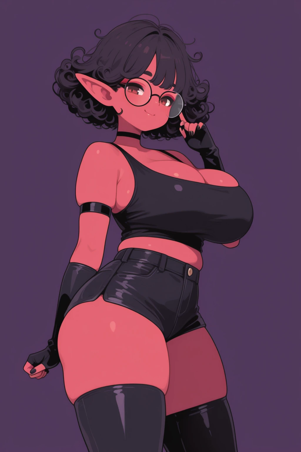 (masterpiece:1.2), best quality, absurdres, (nsfw:0.8), 1girl, huge breasts, cleavage, (latex:1.3), Daedream_Palworld, long floating hair, big hair, (purple skin:1.2), 1girl, black skin, blue horns, glowing pink hair, starry sky, glowing, pink eyes, gradient hair, purple hair, starry hair, animal ears, long ears, (cowboy shot:1.1), makeup, jewelry, turtleneck, coral pants, (floating island:1.2), realistic skin texture, detailed background, beautiful and detailed artwork, <lora:more_details:0.5> <lora:Daedream_Palworld:0.8>