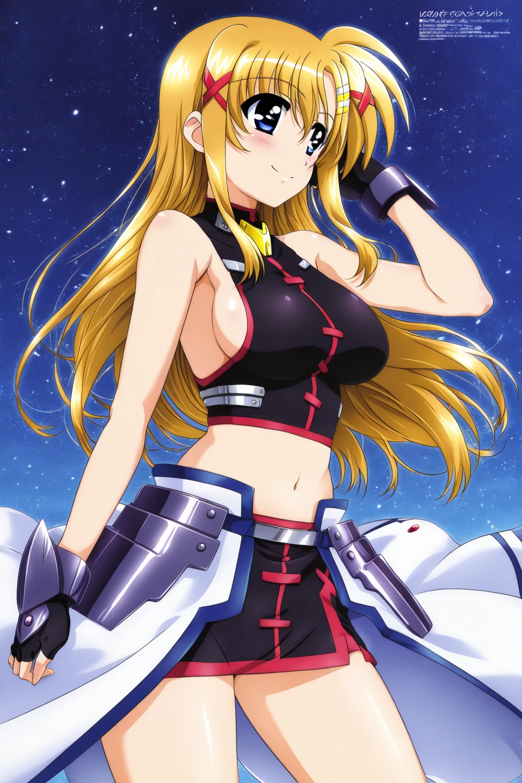 Fate T. Harlaown,Magical girl lyrical Nanoha,blonde hair,long hair,twin tails,red eyes,(((huge Perky breasts))),(thigh), butt,true sonic form,(black tights,black leotard,sleeveless,high leg leotard),(( long pelvic curtain)),,Smile,