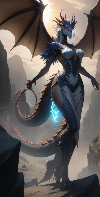 best quality,4k,8k, highres, masterpiece:1.2), ultra-detailed, extremely detailed eyes, extremely detailed body, (large masterpiece digital art), (detailed manga illustration), (detailed line art), ((perfect anatomy)), (intricate details:1.3), (ultra-detailed:1.3), (illustration:1.3), (sharp focus:1.3), (natural lighting:1.05), (vivid colors:1.3), (masterpiece), (best quality:1.4), (perfect anatomy:1.4), high quality, expressive eyes, 1 girl, breast, animal focus, bracelet, claws, dragon, magic energy, full body, gold eyes, slit pupils, horns, gold horns, dragon horns, demon horns, jewelry, monster, giant monster, no humans, open mouth, scales, fur, black fur, sharp teeth, solo, tail, teeth, sharp teeth, wings, outdoors, black scales, river, scales, scenery, sky, sunset, western dragon, yellow sky, ice, ice crystals, fire, blue fire, lightning, red lightning, elemental aura, particles, glowing particles, Jeff Bridges, ((cartoon style)), Marvel Cinematic Universe style, (((hell castle in the background))), soft bokeh of hellscape, Atey Ghailan, Jeremy Mann, Greg Manchess, Antonio Moro, trend in ArtStation, trend in CGSociety, Intricate, High Detail, Sharp focus, dramatic and photorealistic painting art by Midjourney and Greg Rutkowski,
