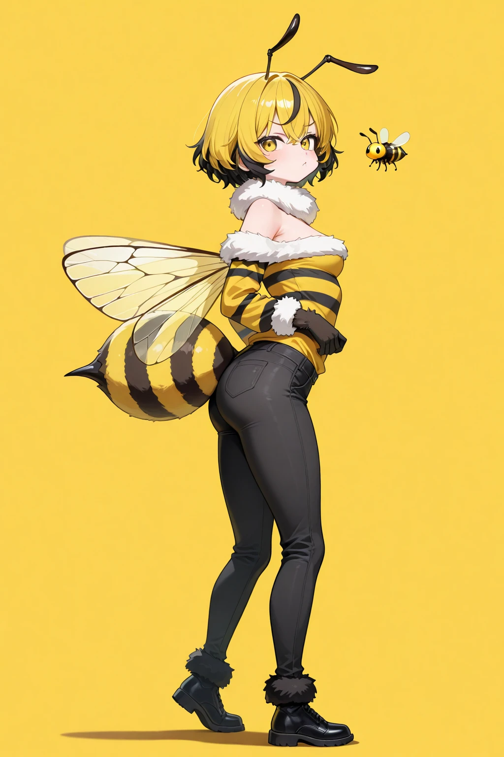 1girl, bee girl, black croptop shirt, full body, outdoors, darkskin, blonde hair, golden eyes, bee abdomen, bee wings
