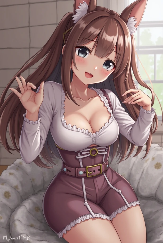 Masterpiece, best quality female, (French),(small breast), (very long curly pink volumetric hair:1.33), (white crinoline inside with red corset outside:1.33), (long red skirt:1.33), flat headband, (detailed beautiful hazel eyes:1.33), detailed blush smiling face, slim body, perfect anatomy, very cute, dynamic pose, showing some leg, perfect shading, dramatic lighting, rendered in 8K resolution for high-quality detail, trending on art station, concept art, smooth, sharp focus, in a saloon, highly detailed, soft natural volumetric, cinematic perfect light, intricate details #breasts #babe #realisticbabe