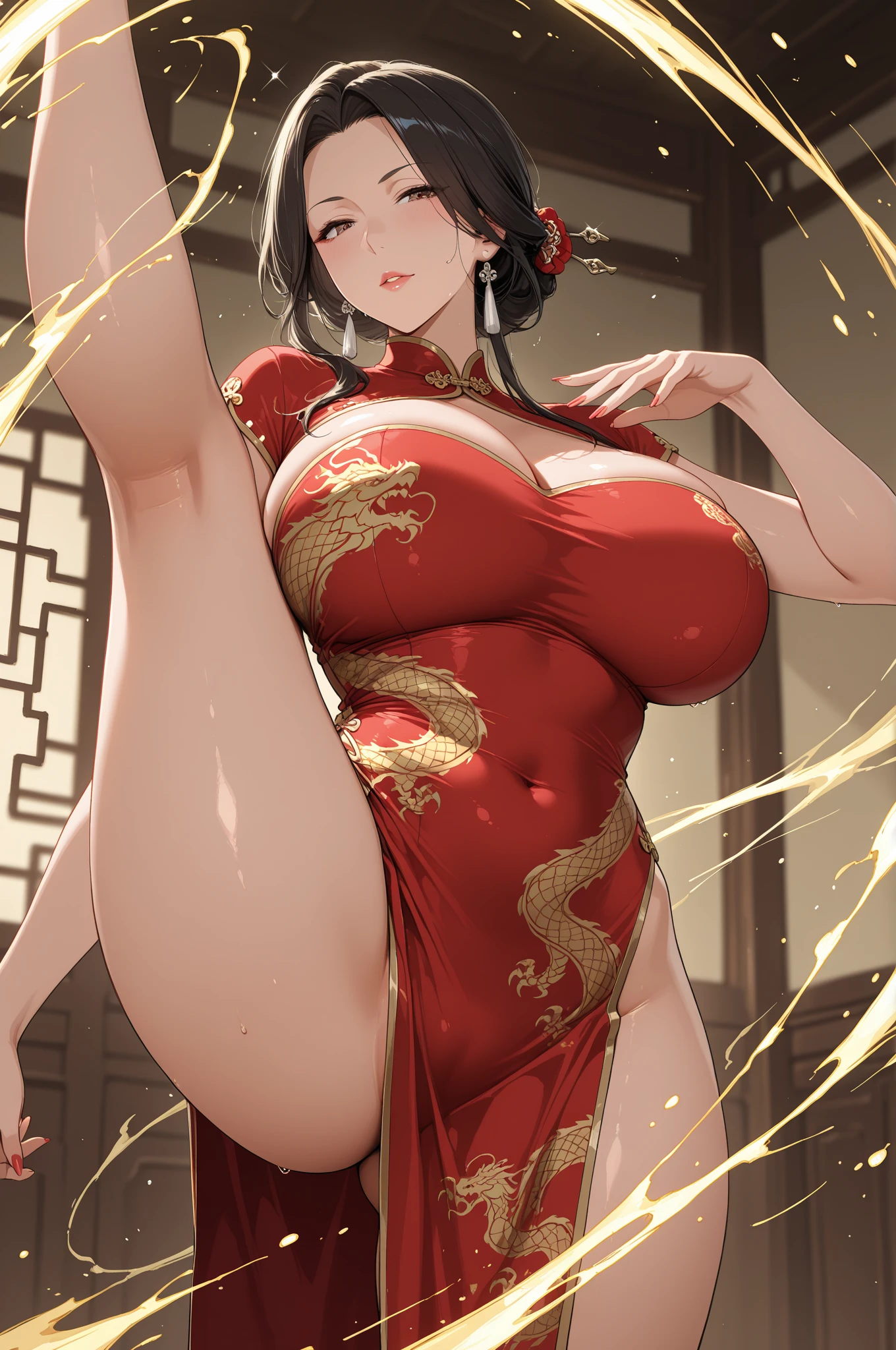 nsfw, masterpiece, extra limbs,1lady, college age, brown double hair buns,brown pubic hair,brown slant eyes, big pointy breasts large areolas,(serious open mouth), (((abs curvy sweat))),Chinese dress,squatting,open legs,arms behind head