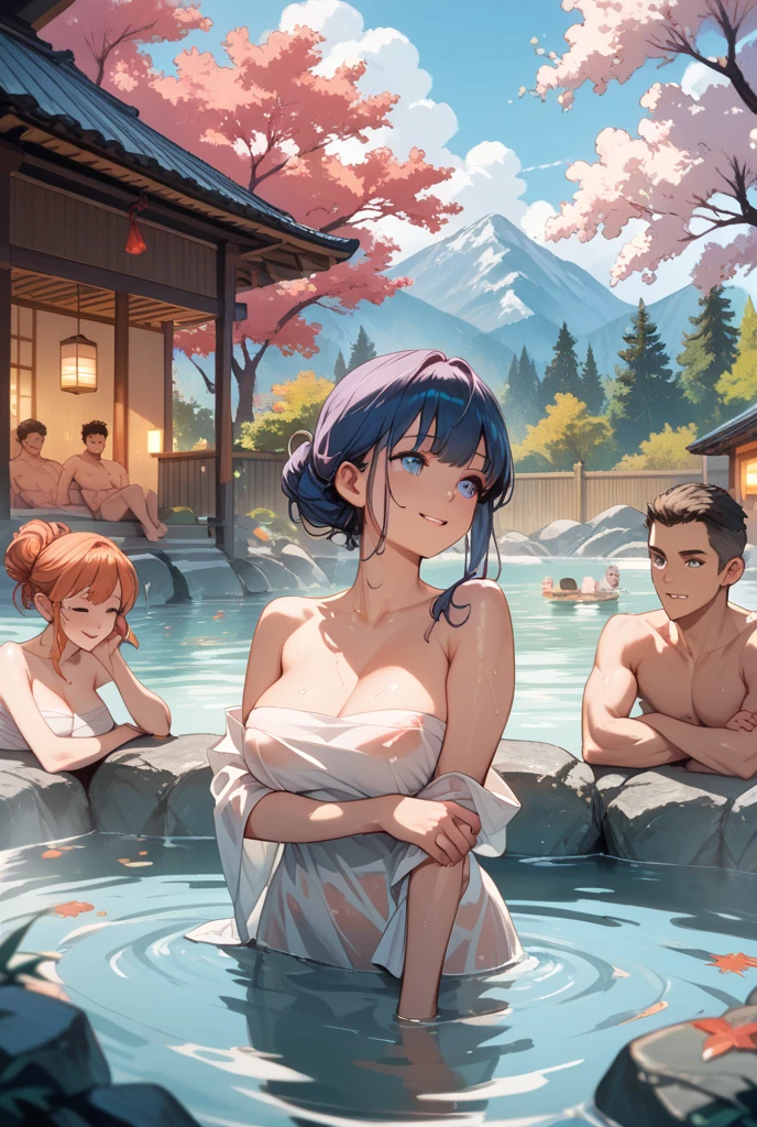 light blue hair,Hair style is twin tails,light blue eyes,white skin,Elf two-dimensional beautiful girl,smile,Thick body type,Hot spring,bathing naked,beautiful nipples,with five Elf two-dimentional beautiful girls, looking up from below, hide nipple with hair, blush, smile, open mouth, bangs, hair between eyes, Lower half of the body is in hot water, outdoors, day, water, tree, streaked hair,cherry blossoms, onsen, no-swimwear, no-underwear