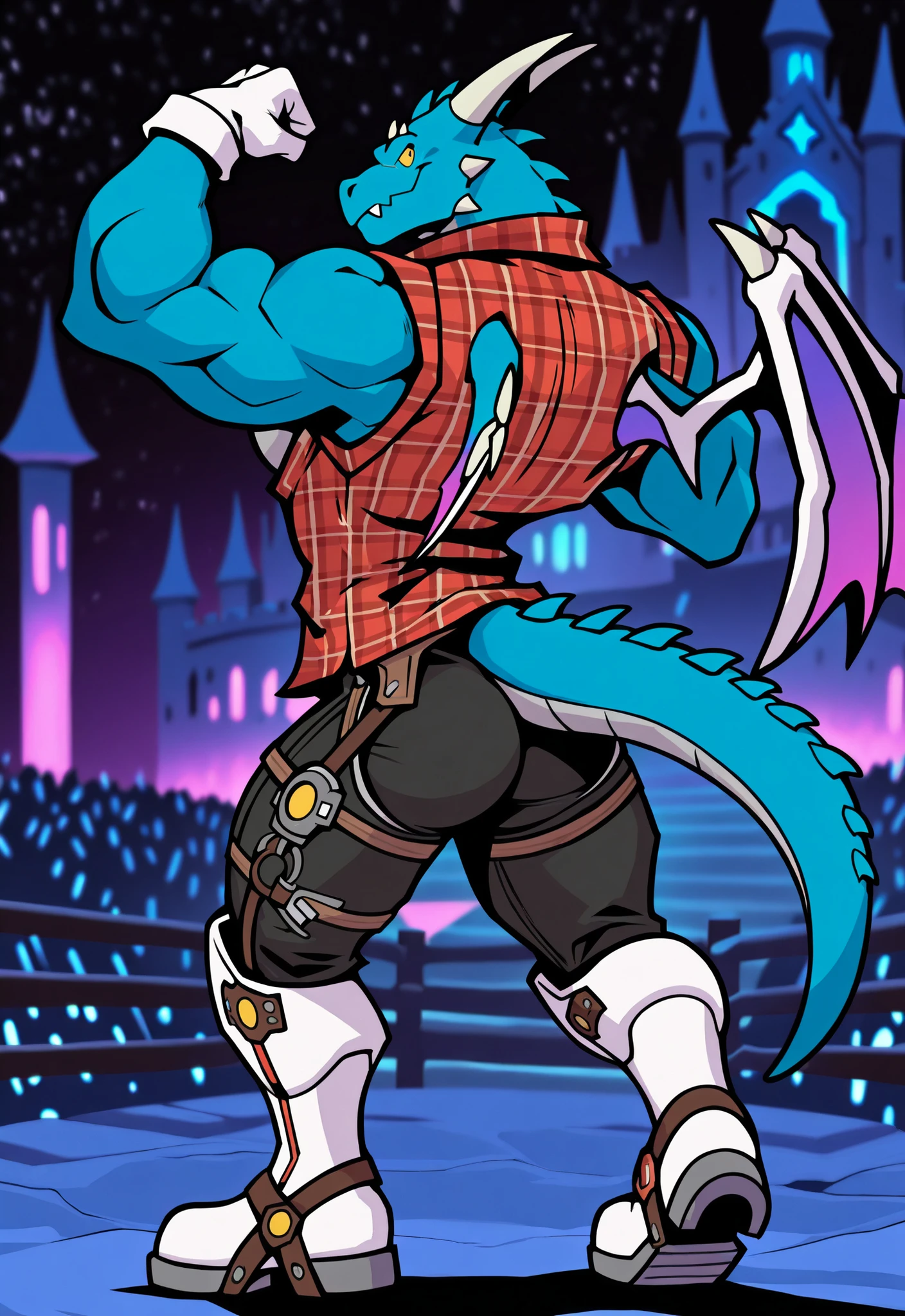 First of fourteen space cowboy dragon from Dyne's harem! solo, alone, ass-less chaps, rodeo rope, spurs, open plaid shirt, dragon tail, handkerchief, hunky male, dragon man, thick muscles, hunky daddy dragon from fantasy realm! masterpiece, best quality, amazing quality, null-ghost, Head and pectorals focus. Masculine, buff, broad shoulders, wearing futuristic clothes, dragon wings, rodeo show, neon glowing gear, black jeans, no defects, no watermarks, 5 fingers, perfect hands, space boots, gloves. Posing, flexing, rodeo action, looking , in a fantasy city background, exciting show, mystical creatures, adventurers in crowded scene, castle party.