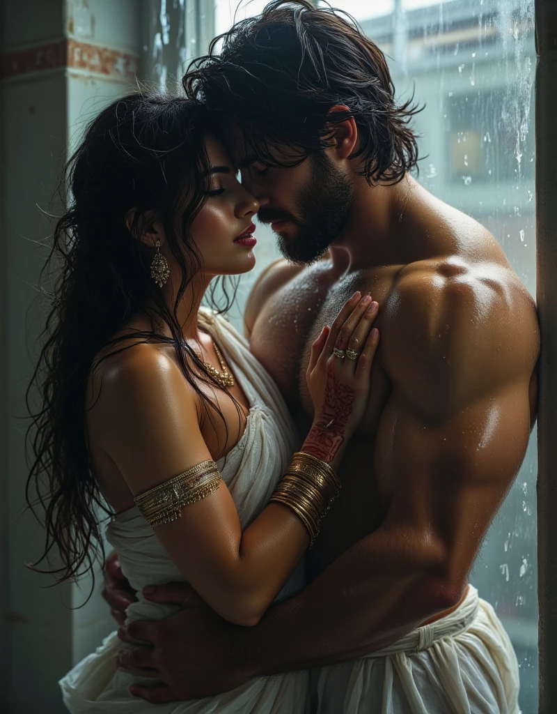 portrait,( 0.75) (one muscular man and one woman, hugging each other))((touching eachother, kissing))((muscular man, pose)) (best quality,4k,realistic:1.37),ultra-detailed,(hot, steamy:1.1),(wet:1.1),(busty:1.1) bhabhi in (satin:0.9) bra,(surrounded by men),(bhabhi's body is fully wet),boys' lust for her body,(luxurious bathhouse setting),(sensual lighting),(intense desire),?????? fantasy,(crowded atmosphere),(enticing),(romantic ambiance),(provocative),(passionate energy),(desire-filled eyes),(seductive pose),drenched skin,(evocative),(sensual whispers),(subtle provocations),(intense longing),(temptation in the air),(arousing passion),(alluring),(steamy bathwater),(sweat soaked bodies),(immersive experience),(intimate setting),(captivating),(uninhibited desire),(captivating curves),(erogenous zones),?????? art direction,(pleasure-seeking),(playful),sculpted physique,(sultry atmosphere),(voluptuousness),(teasing gestures),(provocatively posed),(enticing aroma, fully covered ass, fully covered buttocks, )