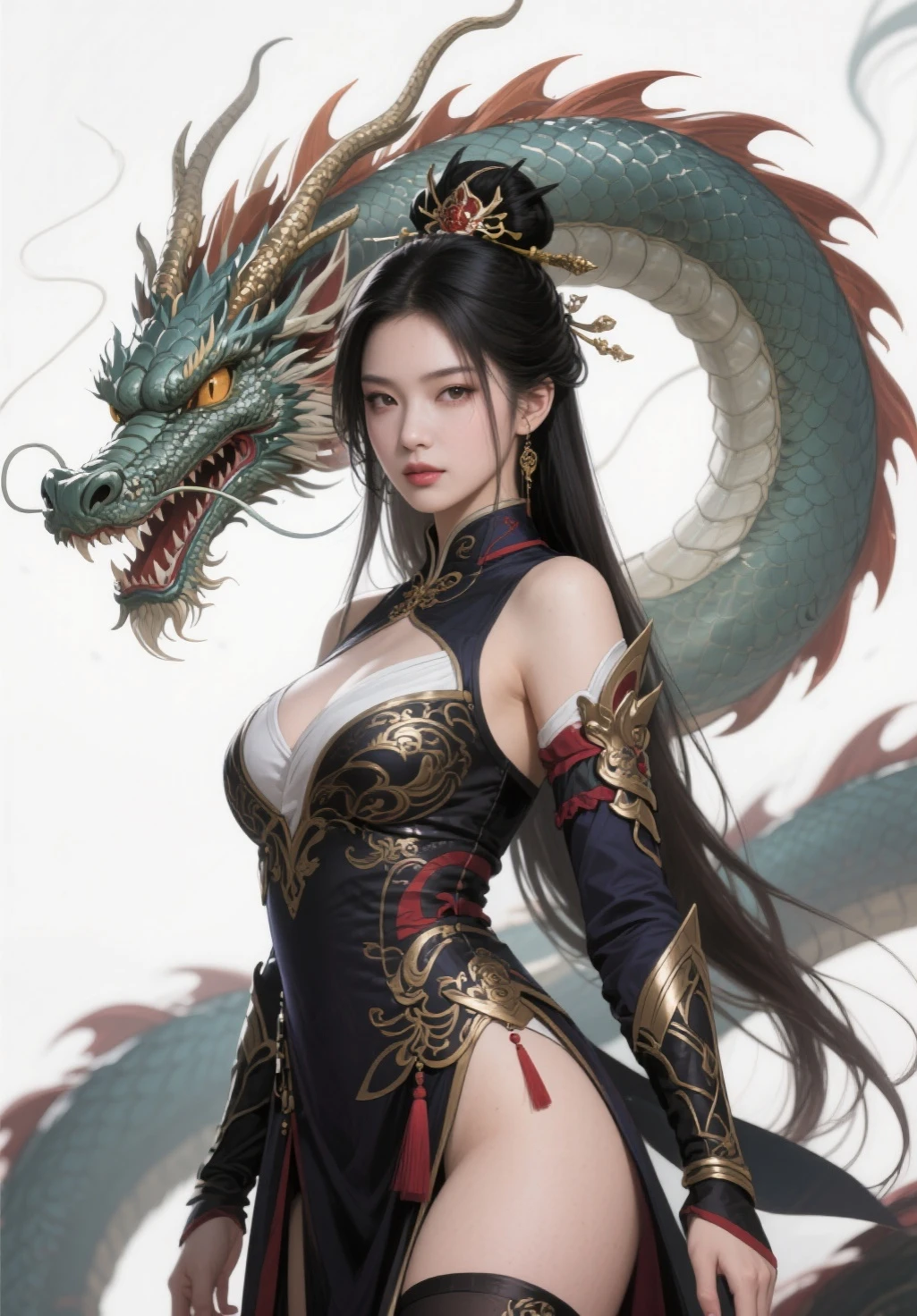 Masterpiece, best quality, a girl makes friends with Chinese dragons, funny, happy, bright, dragon,