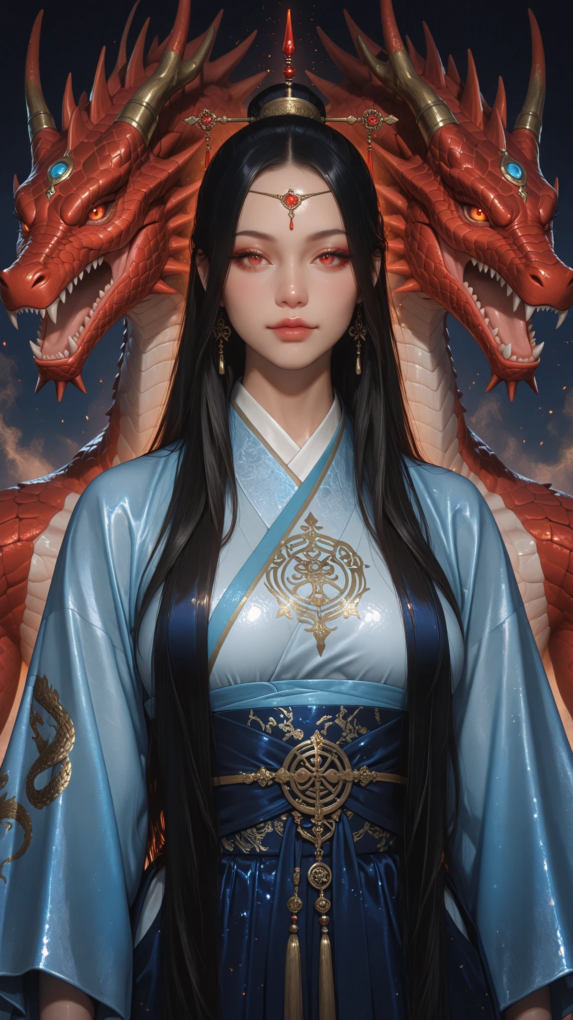 there is a woman in a blue dress holding a dragon statue, the dragon girl portrait, dragon-inspired cloth robes, palace , a girl in hanfu, by Yang J, ruan jia and artgerm, inspired by Chen Yifei, loong, beautiful character painting, artwork in the style of guweiz, hanfu, trending on cgstation