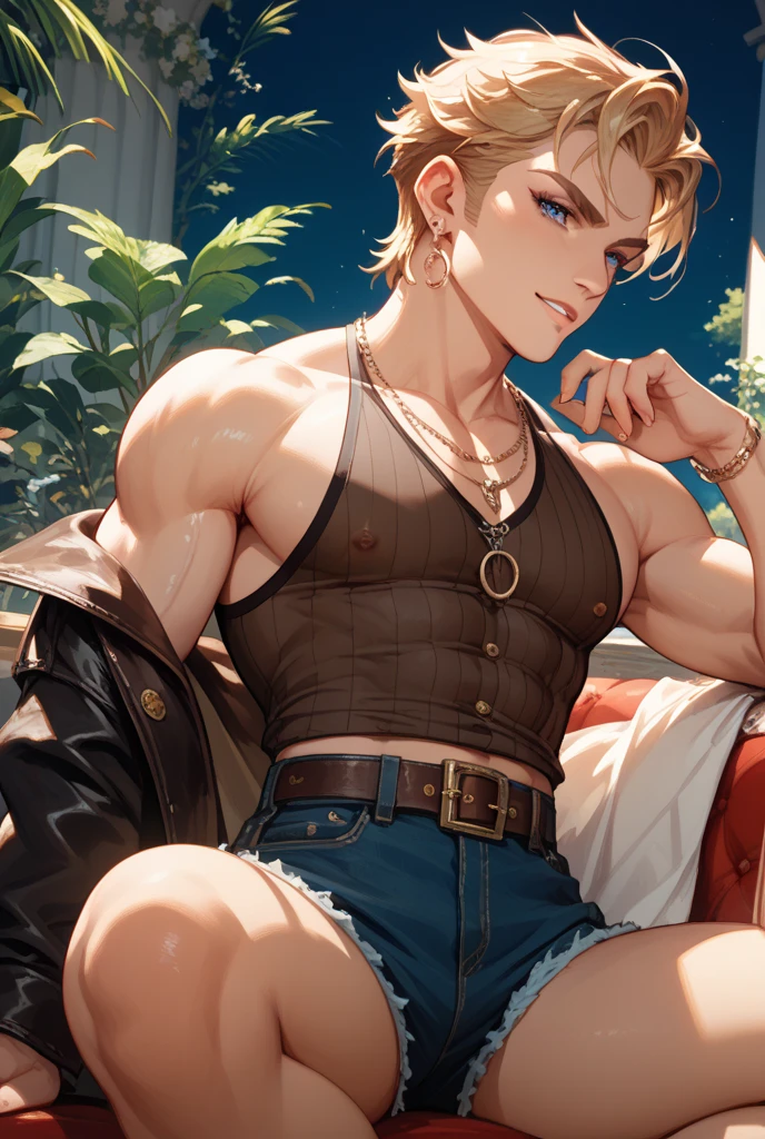 Bra Top, blonde guy, Jewelry, Ring, Blonde hair, Solo, Red heart symbol, earrings, Red Eyes, Looking at the viewer, Red Nails, Short hair, Undercut, A smile, One Boy, Necklace, Open mouth, Male Focus, Jersey pants, Navel, a choker, off shoulders,white backgrounid