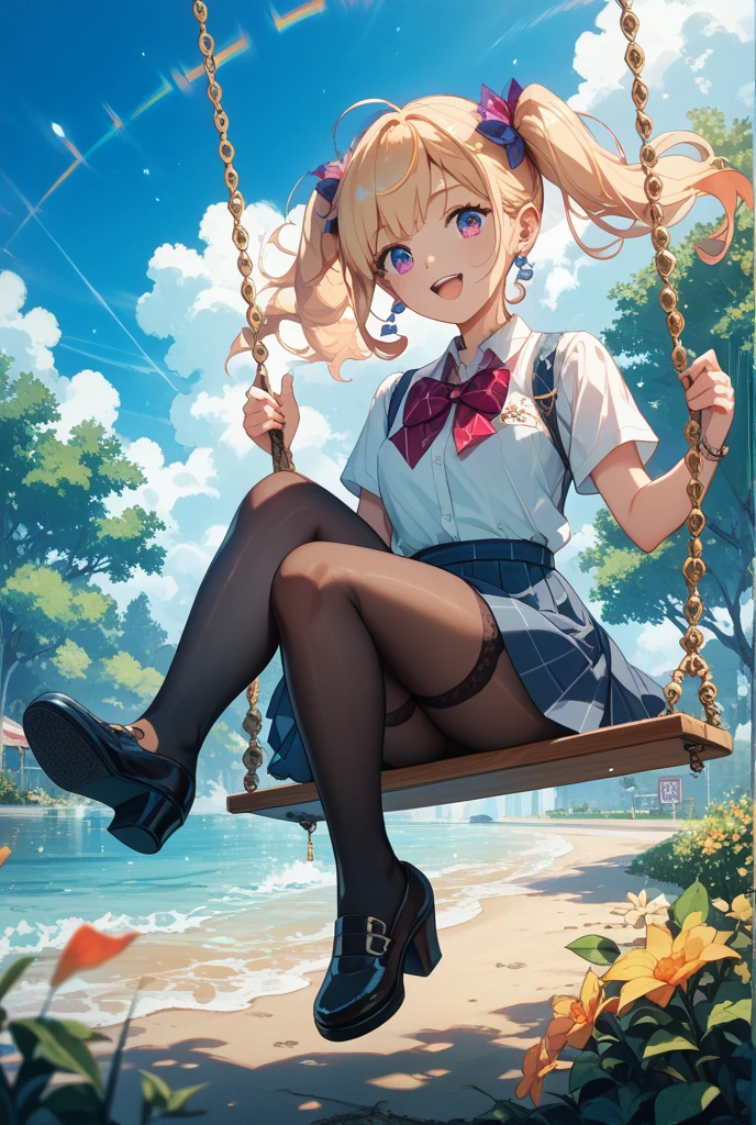A girl is sitting on a swing, with legs spread, in a short skirt and flashing her panties, with a perfect body, ultra-detailed, realistically