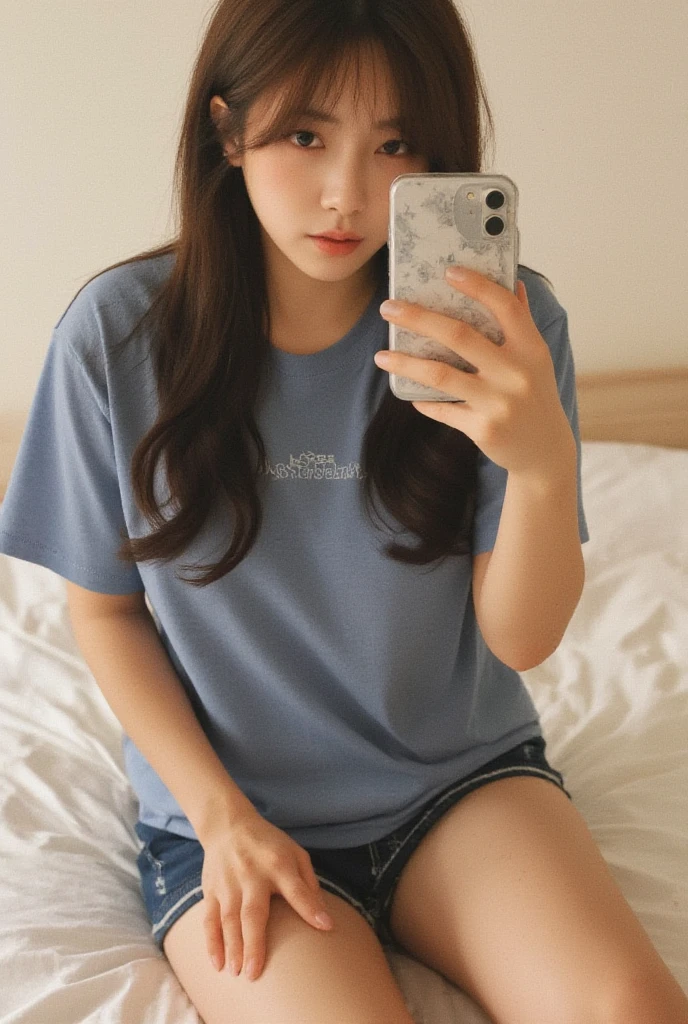 (top-quality、​masterpiece:1.2)、Best Quality、realisitic、photoshot、hight resolution、1080p、8K、Textured skin、Physical Rendering、1 Japan Girls、High school students、kawaii、Young Face、Rolled hair、(Long-sleeved shirt:1.5)、Sit on the sofa in the room、Bare legged:1.5、full of shyness、smil、Big