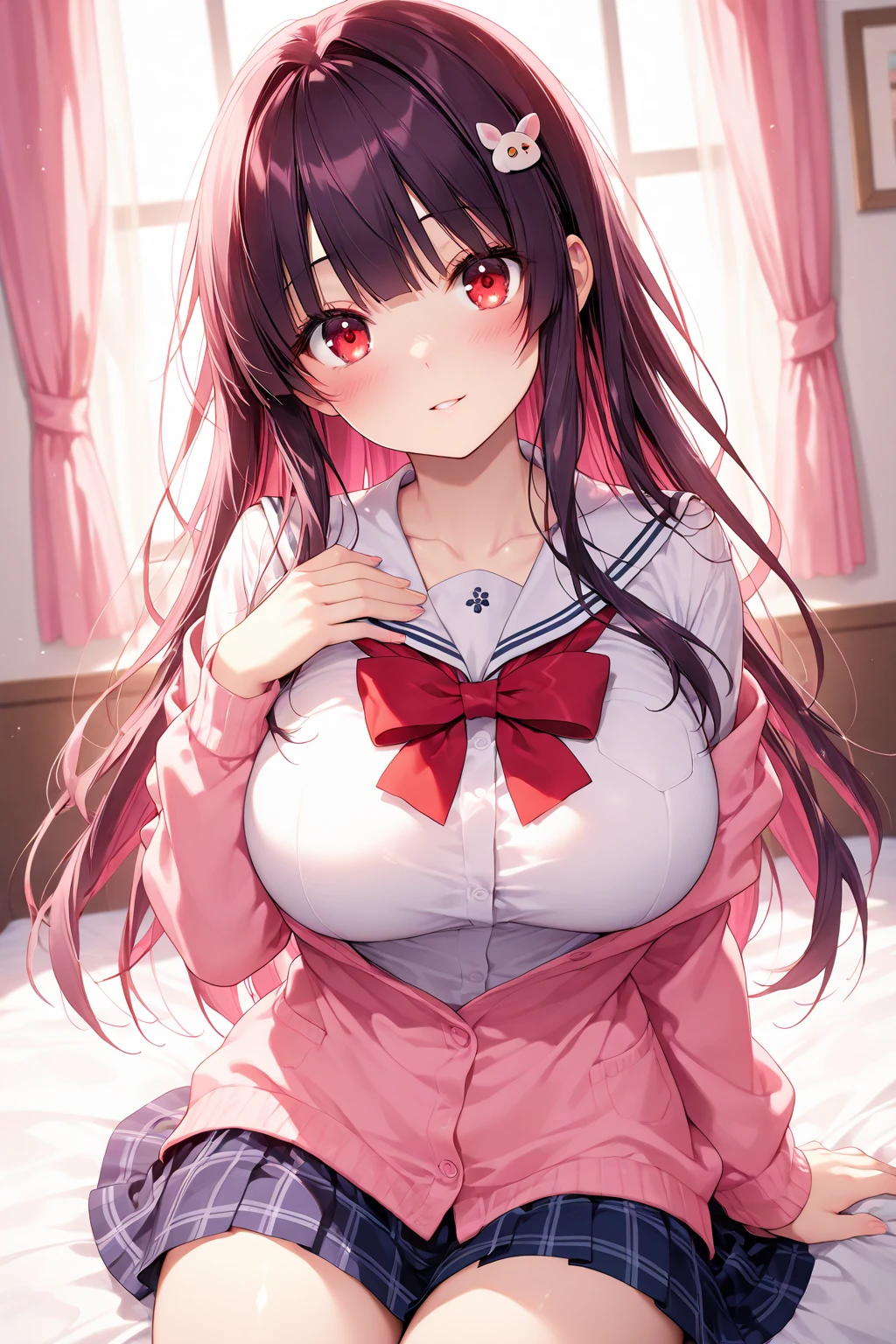 lovelive、Yazawa Nico（（nsfw1.8）、Twin tails.Black Haired Beautiful Girl（Red ribbon）、Red Eyes、outfit torn clothes.legsUP.Otonokizaka Academy uniform、Thighini skirt、Pink long sleeve cardigan、breasts out.pussy juice.show off pussy.sexual climax.Karaoke Box、lying.having sex.missionary position.