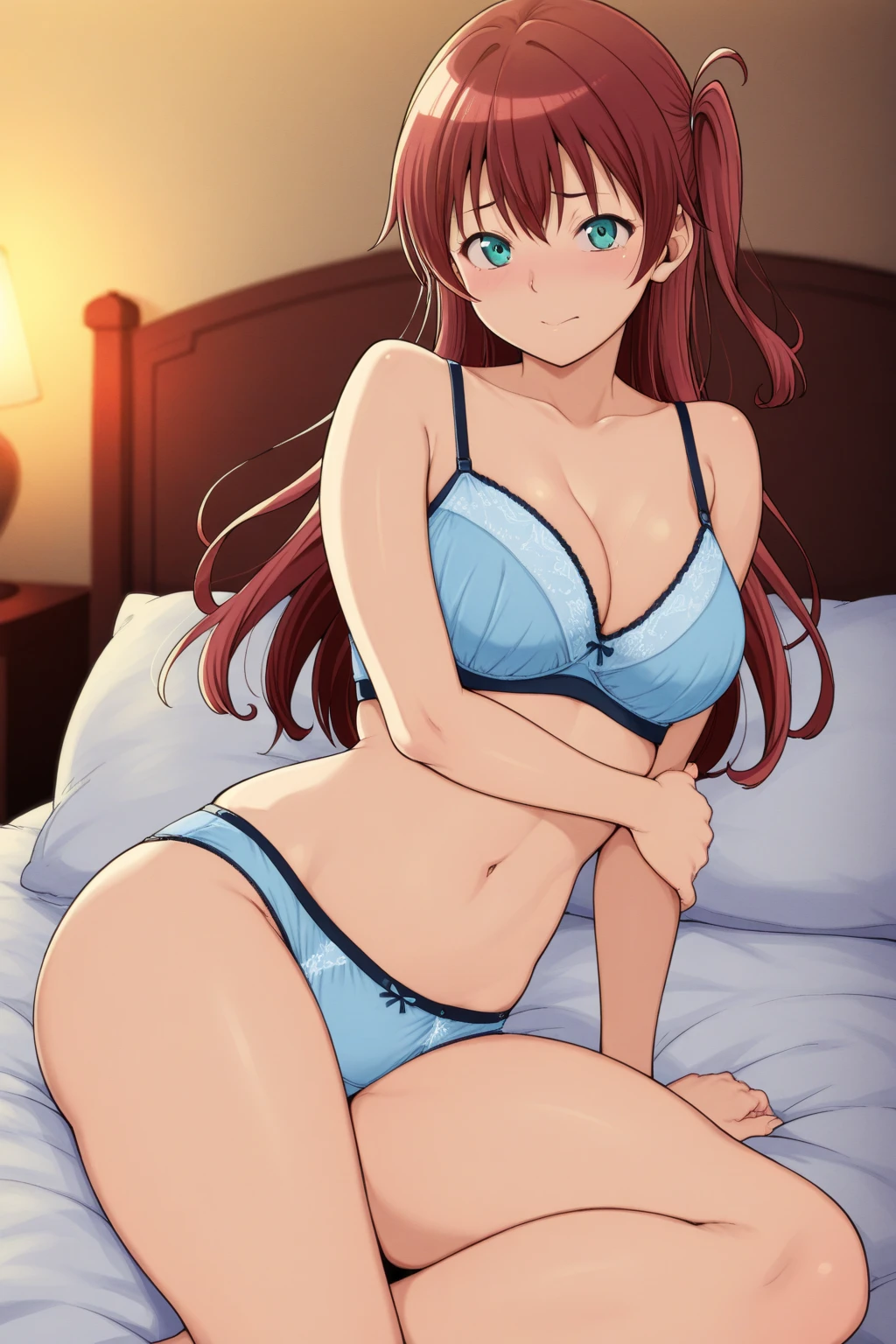Beautiful girl, one, anime, ginger, bed, girlfriend, crop top, panties, laying down, happy