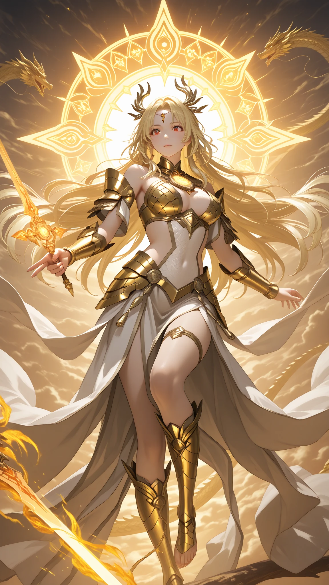 Futuristic Sexy Female Android Concept
Glowing Gold Armor and Helmet, adorned with tiny Diamond Wings, crafted to safeguard Weavers of Time's Looms.

This breathtaking figure embodies the harmony of advanced technology and timeless beauty. The armor, a shimmering golden masterpiece, encases her sleek, slender form, showcasing her impeccable proportions. The helmet, intricately designed with delicate diamond wings that sparkle under any light, crowns her head as a beacon of protection.

Her eyes, though artificial, radiate warmth and compassion, a testament to her purpose. The armor, while