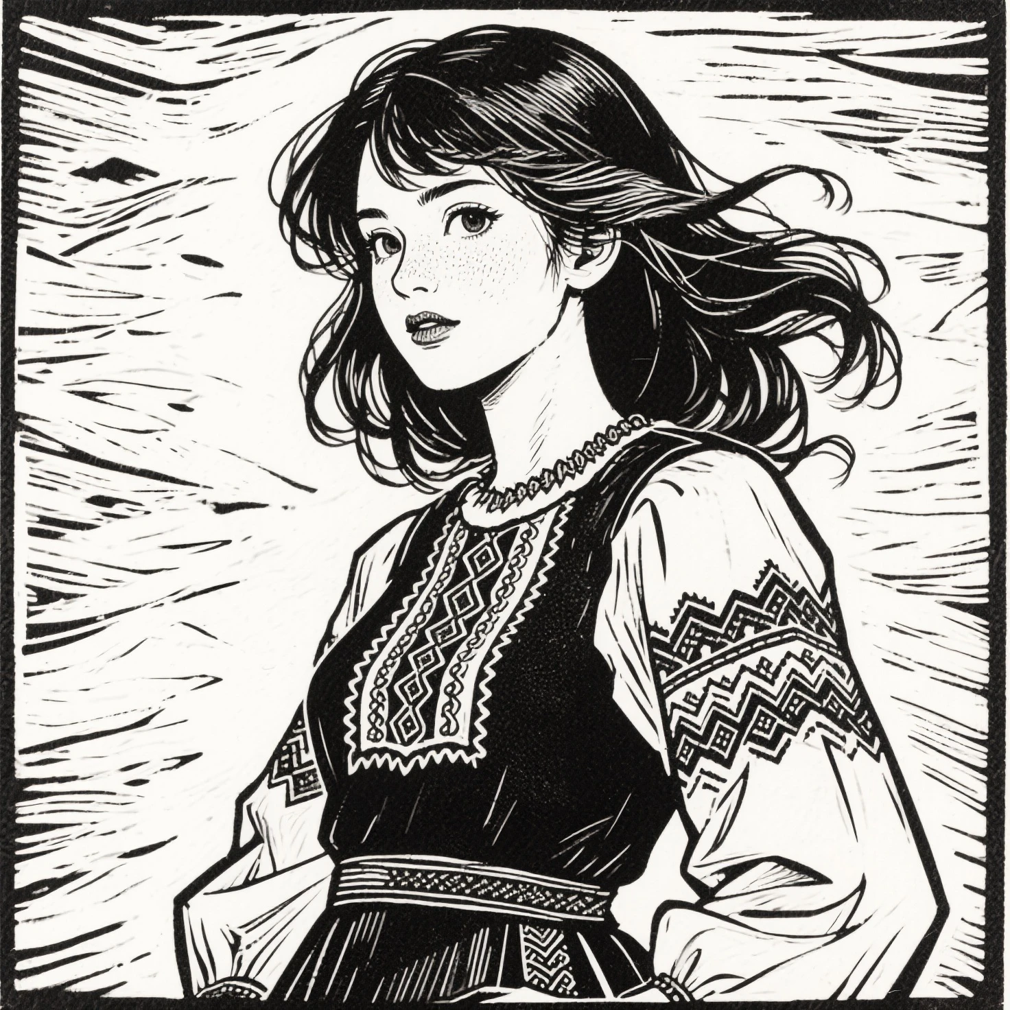 One Girl,Line art,Monochrome,sketch,Pencil drawing,Traditional Media,One Girl, skirt,Cute Teenage Girls, ,Beautiful portrait、Delicate body、Black Hair、Black Hair,landscape