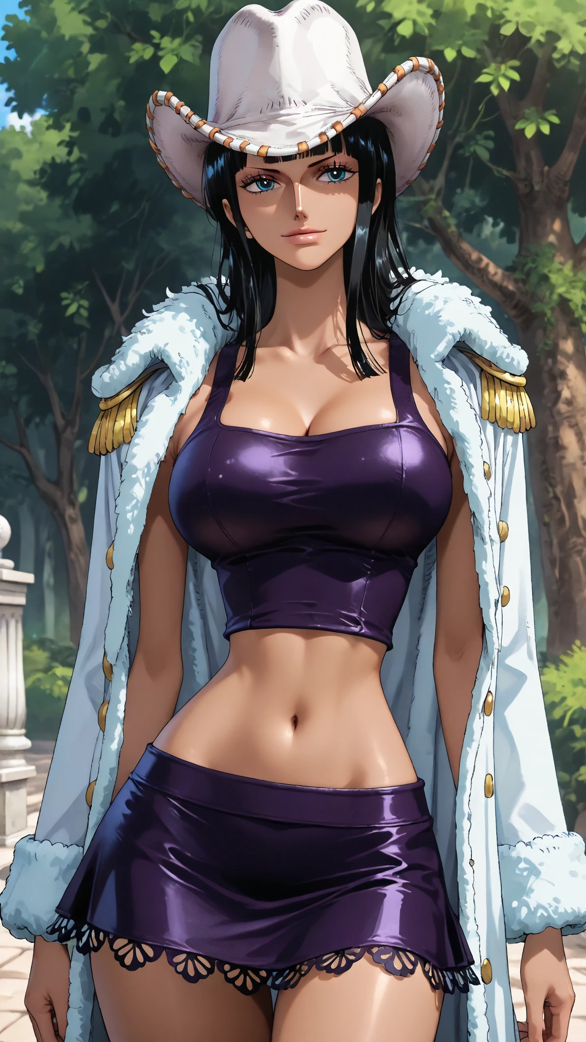 Masterpiece artwork, sexly, breasts big, micro bikini, best qualityer, Tashigi, eyes black, folded ponytail, glasses on head, coat on shoulders, photo the cowboy, gazing at viewer, breasts big, sultry posing, small town