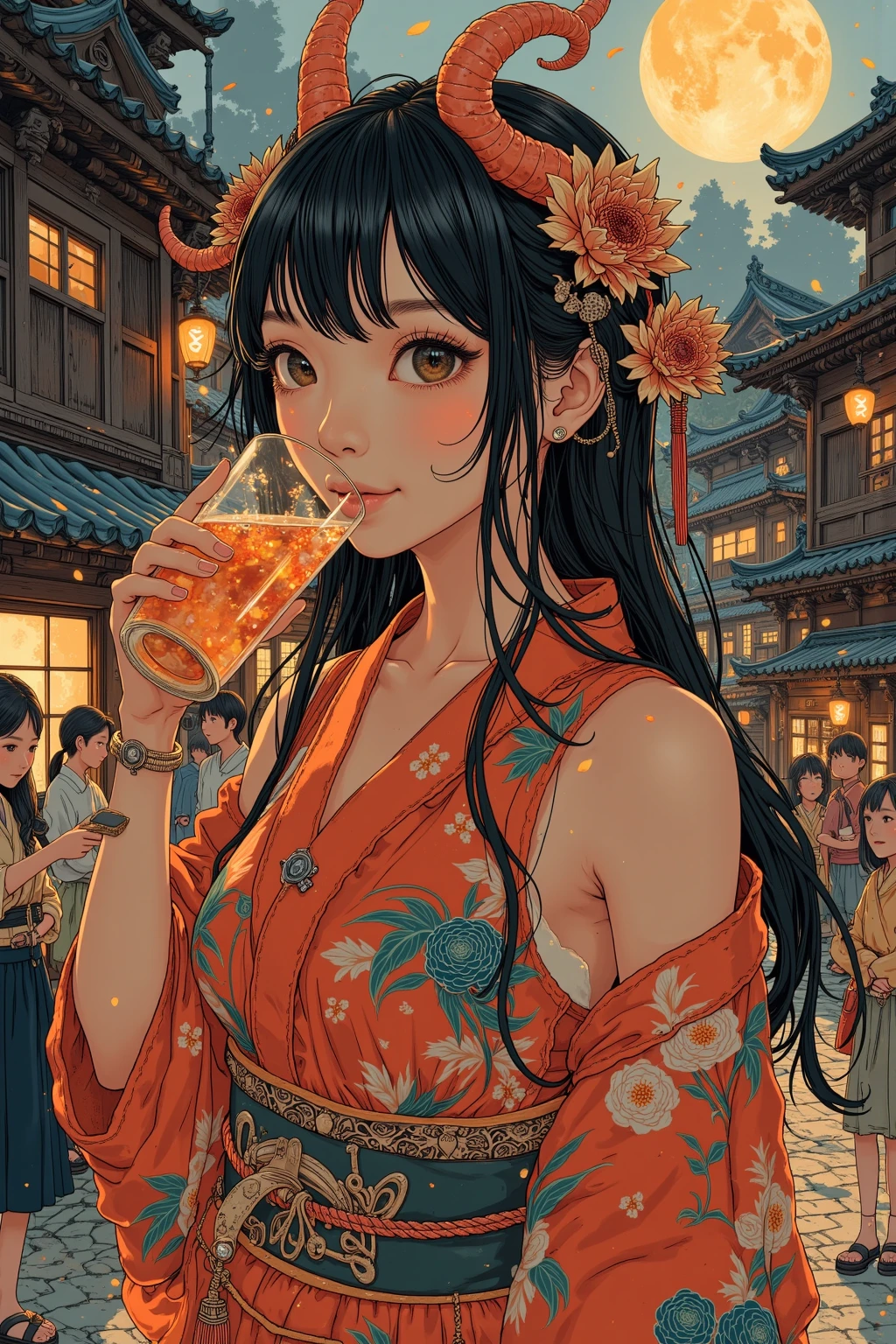 (masterpiece:1.2), Highest quality,Pixiv,Surprised girl,Portraiture、1、Large Breasts、Small waist、Close-up of face、Ecstasy、((((Autumn Outfits、Squatting sloppily))))、pread your legs、Girl sitting、Beer and Yakitori、Matsutake