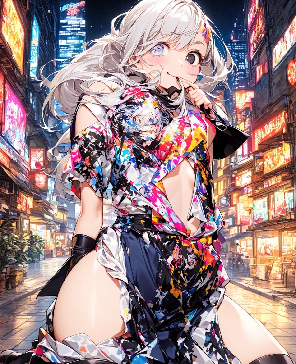 (masterpiece, Highest quality:1.2), One girl, alone,Are standing_Split, 
Long white hair, Big Breasts, Big Ass, Small waist, Plump, pregnancy, Big belly, Nipples, Nipplesにリングピアス, Female organ