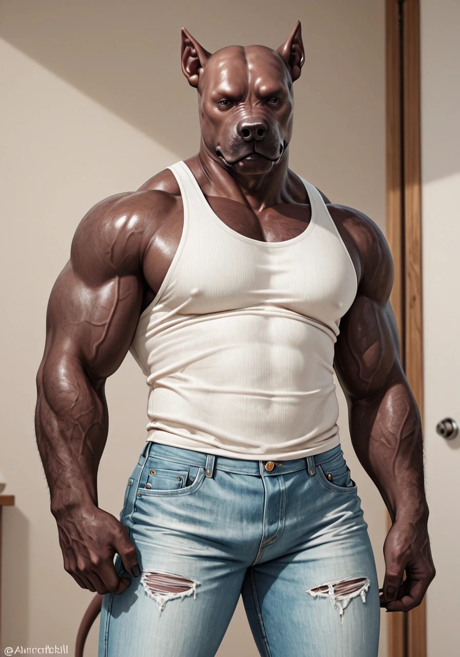 A bulldog，Posing for a photo, muscular的性格, Exaggerated muscular physique, muscular的体格, Big Muscle, Extreme muscles, muscular，Frightening, wrinkles and muscles, Dog Face Muscle Goblin, muscular, very beautiful. Big Muscles, muscular的性格s, muscular的牛头人, Muscle bulge, muscular, Big Muscle