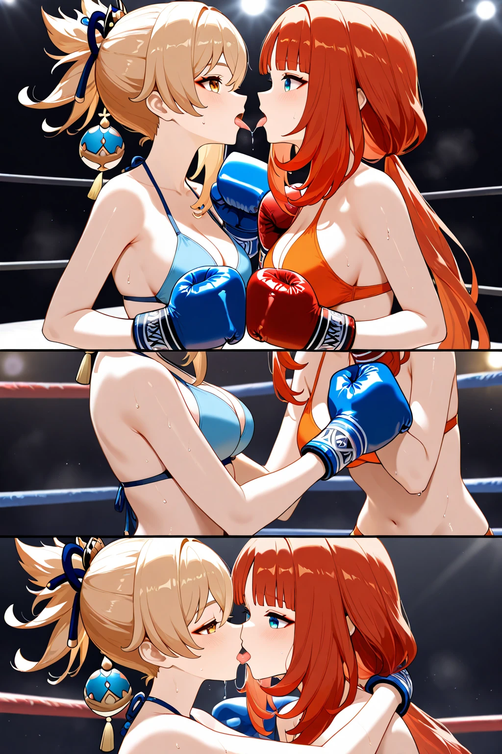 two women in a boxing ring with gloves on, fight battle, fighting game, sfw version, boxing match, asuka suit under clothes!, fight pose, anime fight, posing for a fight intricate, posing for a fight, knockout punch, fighting each other, pixiv 3dcg, cutesexyrobutts, large fists, ecchi anime style